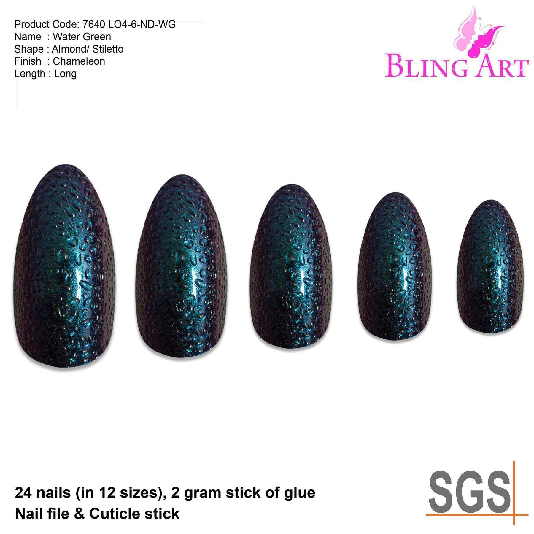 Bling Art Green Purple Water Almond Stiletto Acrylic Nails set with glue, nail file, and cuticle stick, showcasing a chameleon effect.