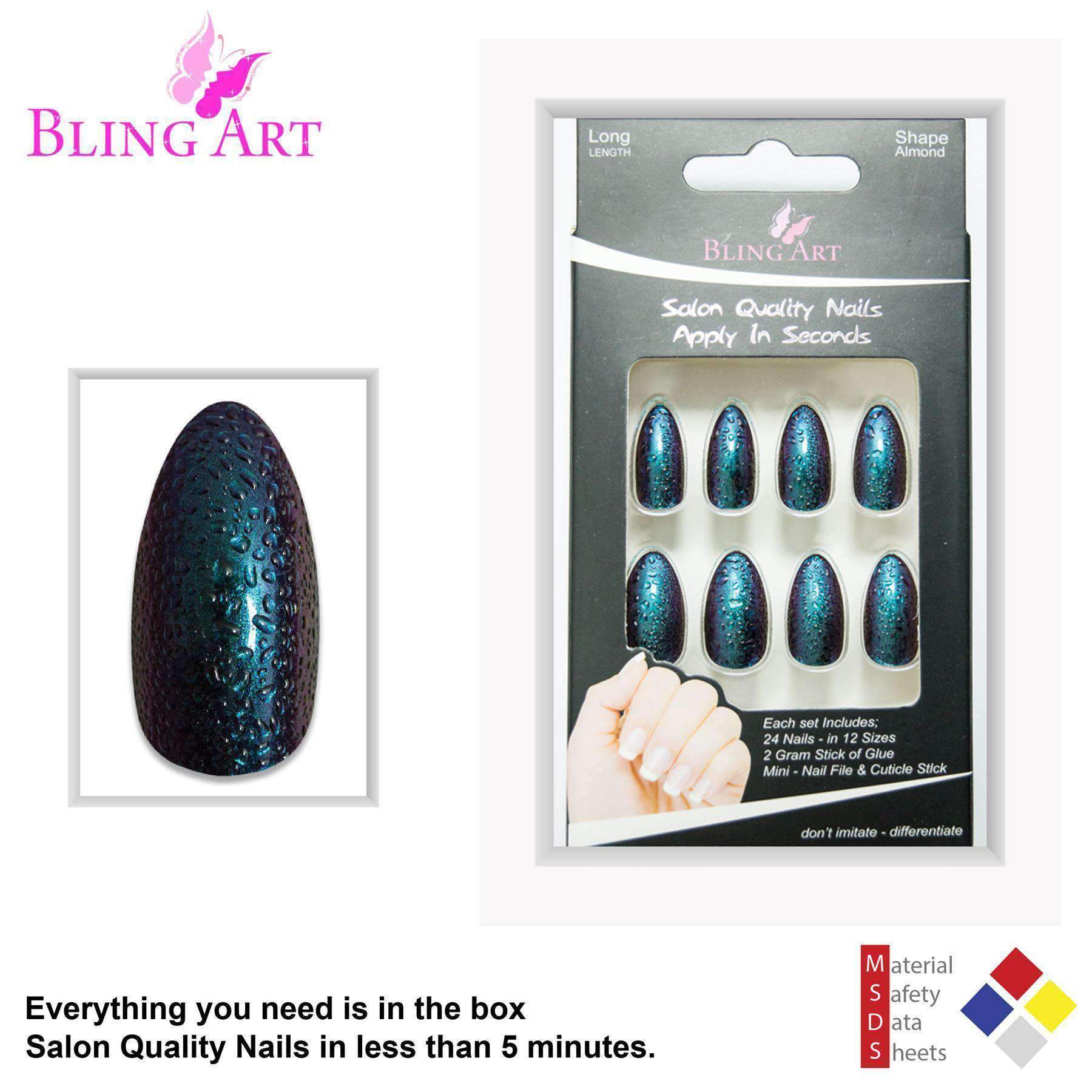 Bling Art Green Purple Water Almond Stiletto Acrylic Nails set with glue, nail file, and cuticle stick, showcasing a chameleon effect.