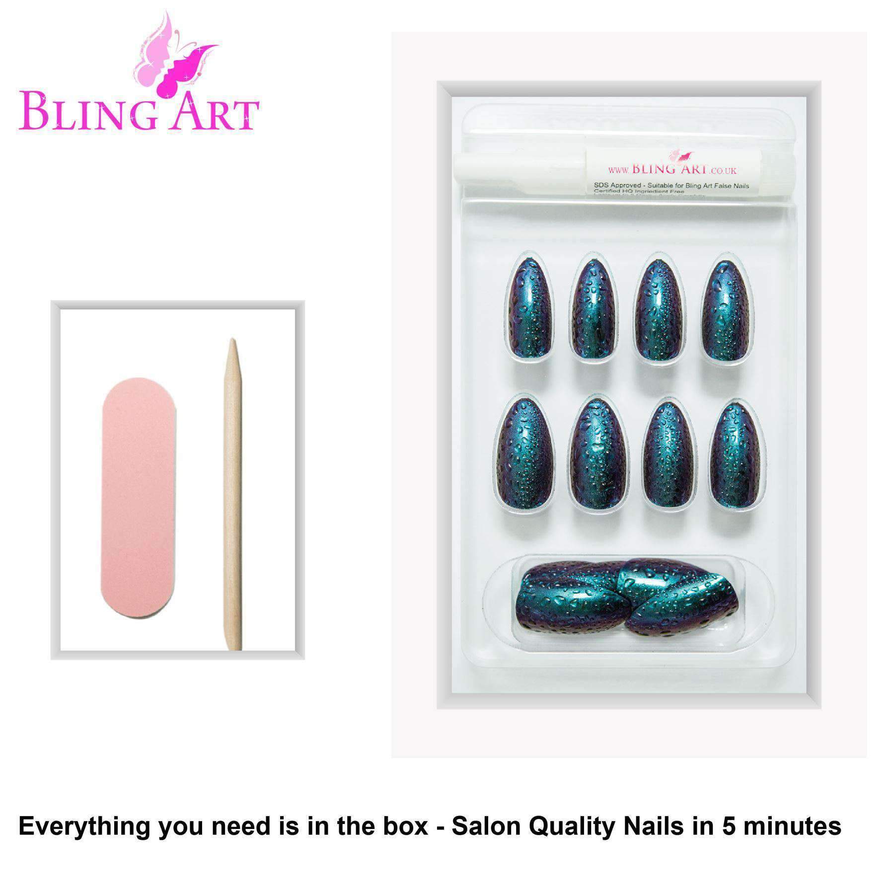 Bling Art Green Purple Water Almond Stiletto Acrylic Nails set with glue, nail file, and cuticle stick, showcasing a chameleon effect.