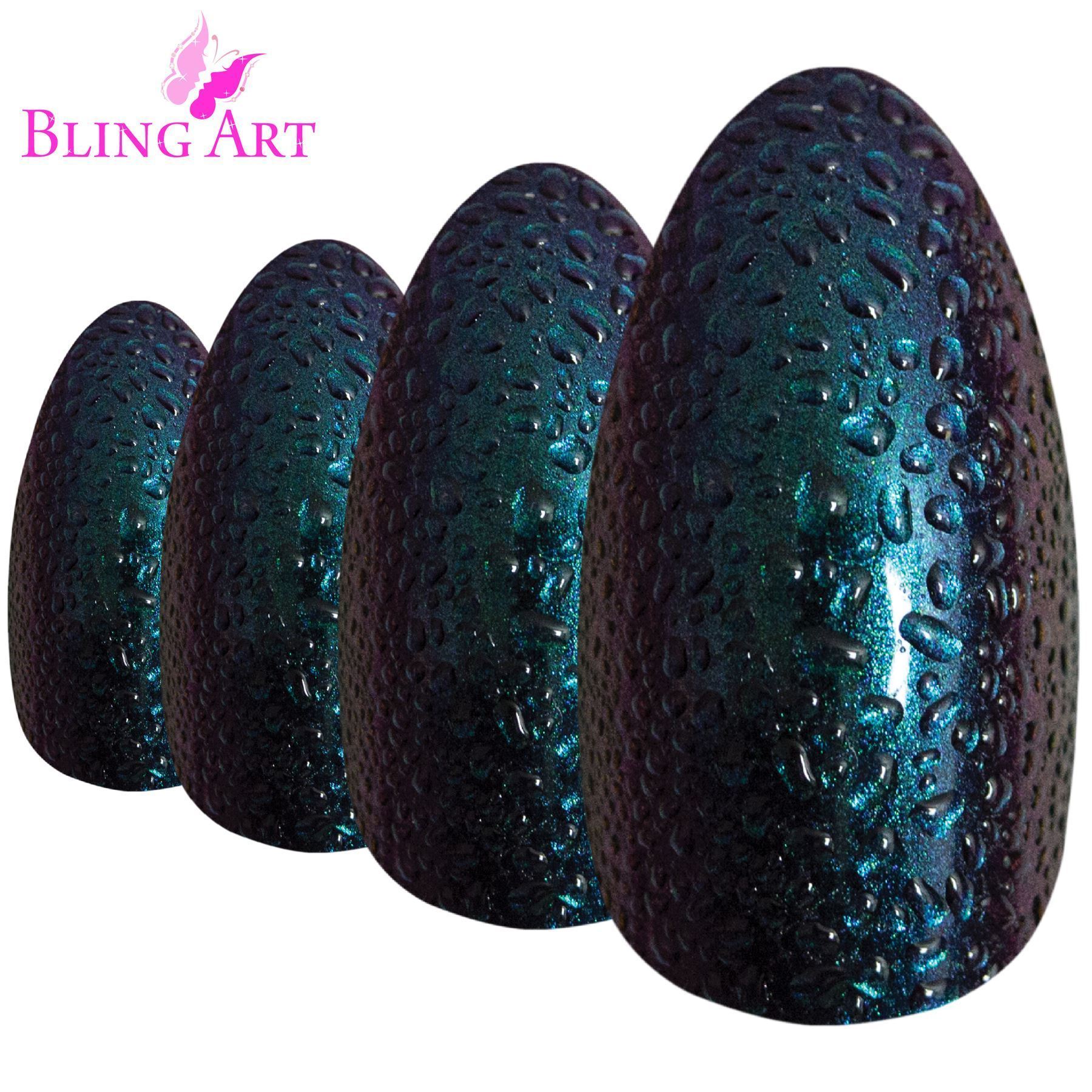 Bling Art Green Purple Water Almond Stiletto Acrylic Nails set with glue, nail file, and cuticle stick, showcasing a chameleon effect.