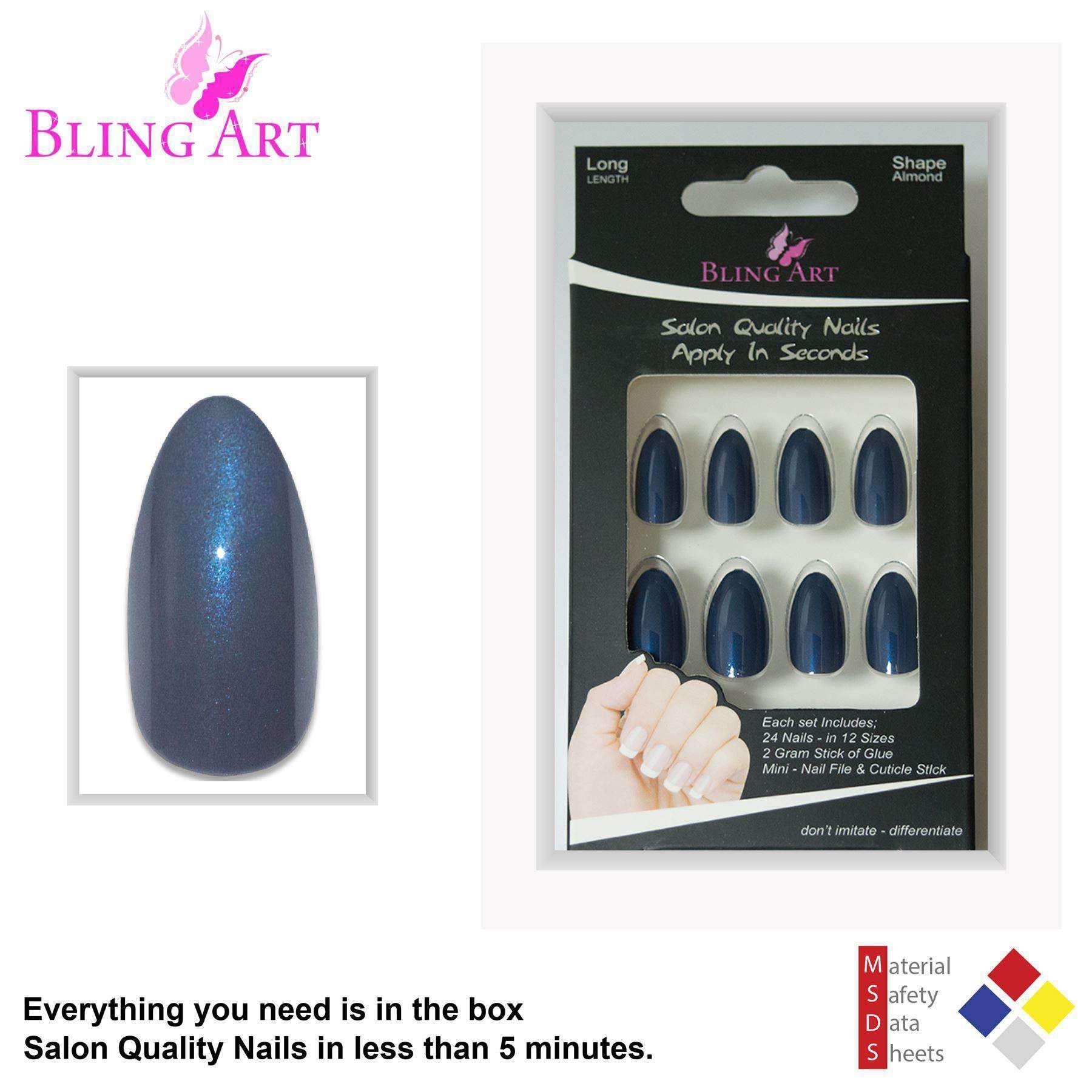 Bling Art Grey Glitter Almond Stiletto false nails set with glue, nail file, and cuticle stick.