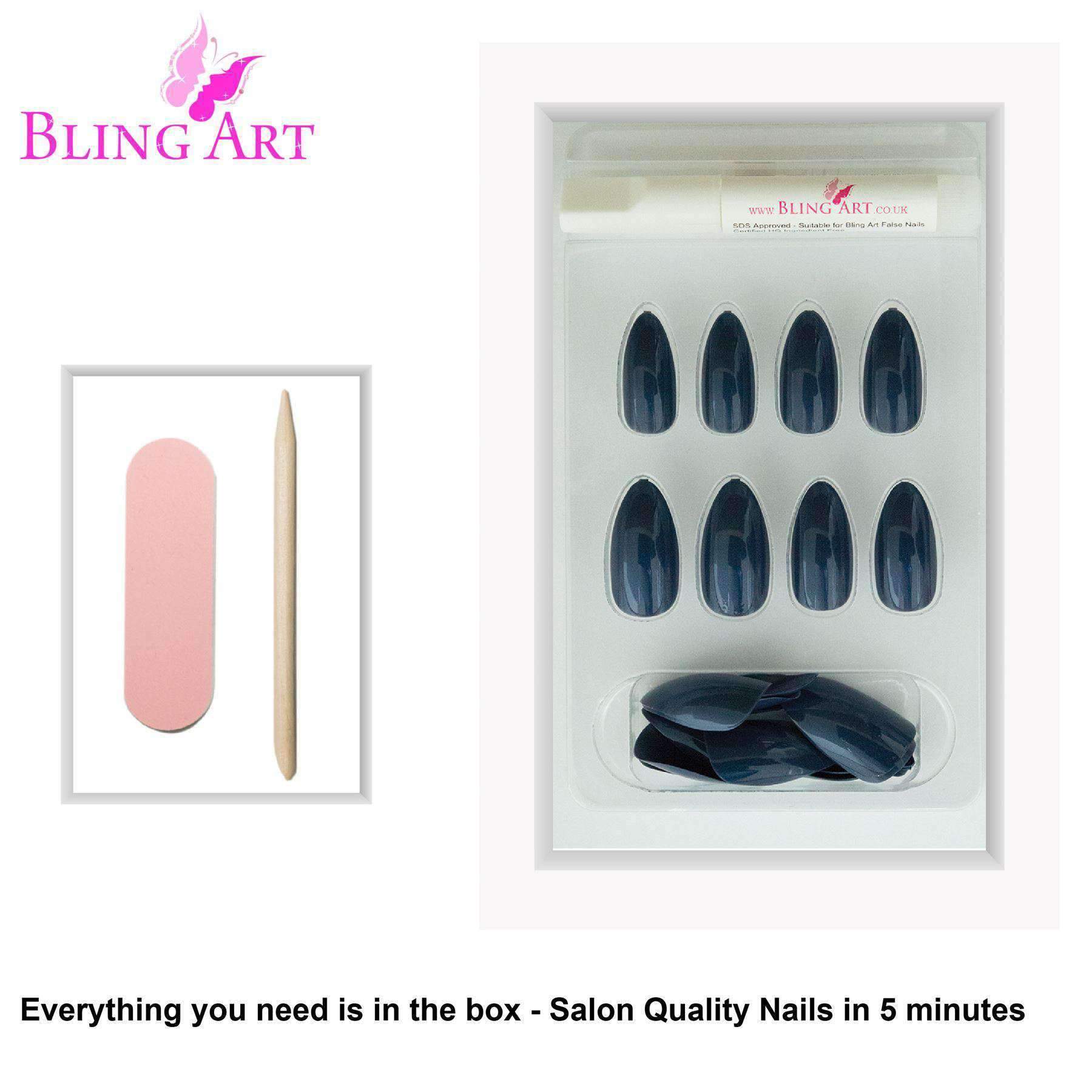 Bling Art Grey Glitter Almond Stiletto false nails set with glue, nail file, and cuticle stick.