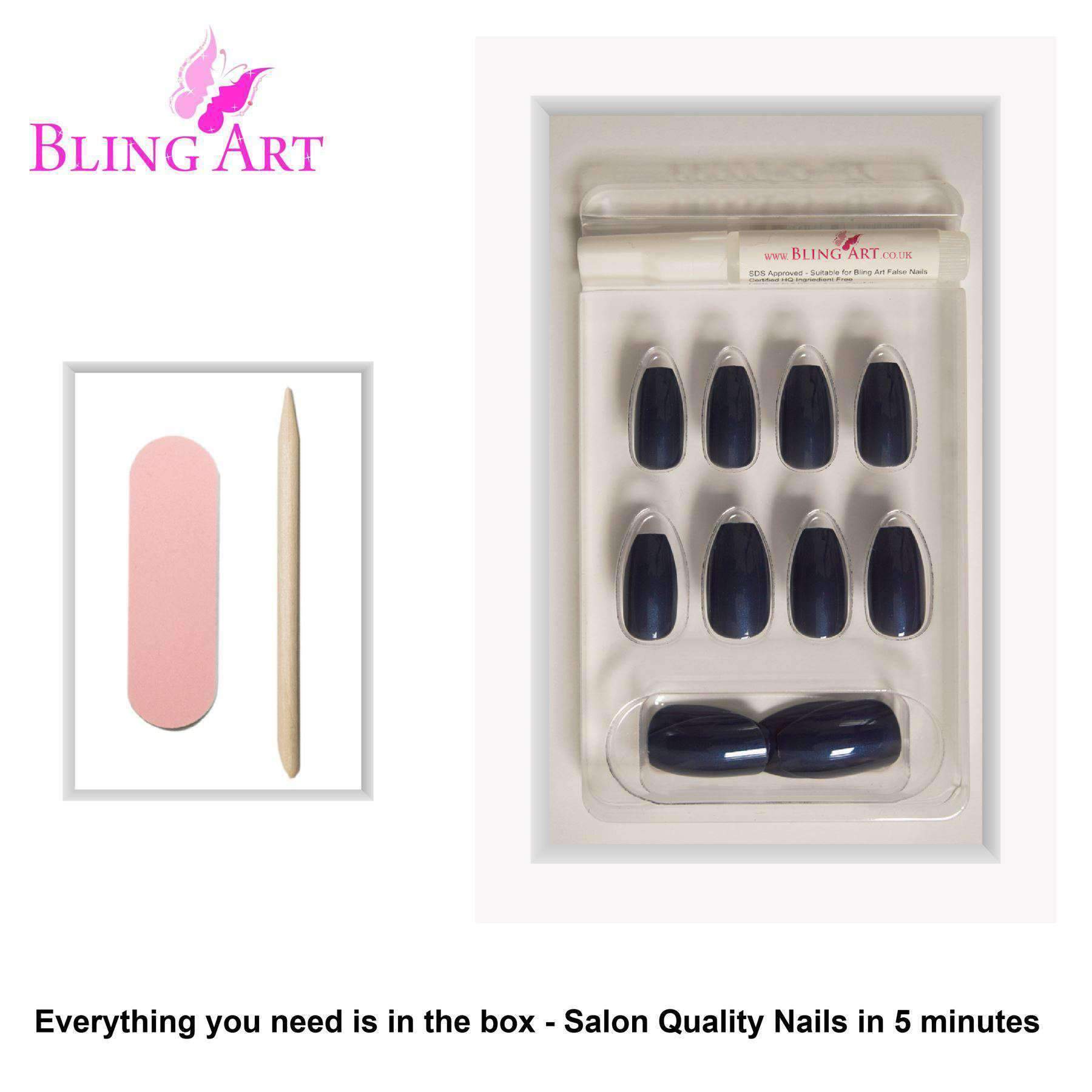 Bling Art Grey Glitter Ballerina Coffin fake nails set with 24 acrylic tips, glue, nail file, and cuticle stick.