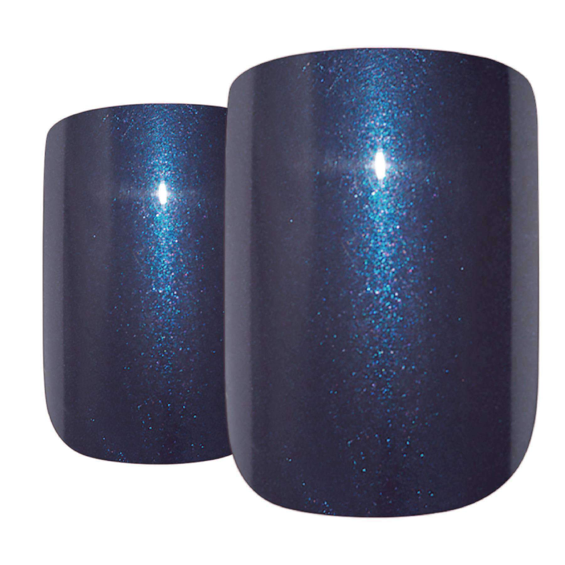 Bling Art Grey Glitter French Squoval false nails displayed with glue, nail file, and cuticle stick.