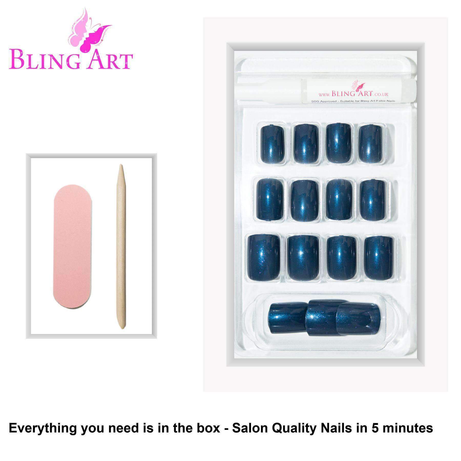 Bling Art Grey Glitter French Squoval false nails displayed with glue, nail file, and cuticle stick.