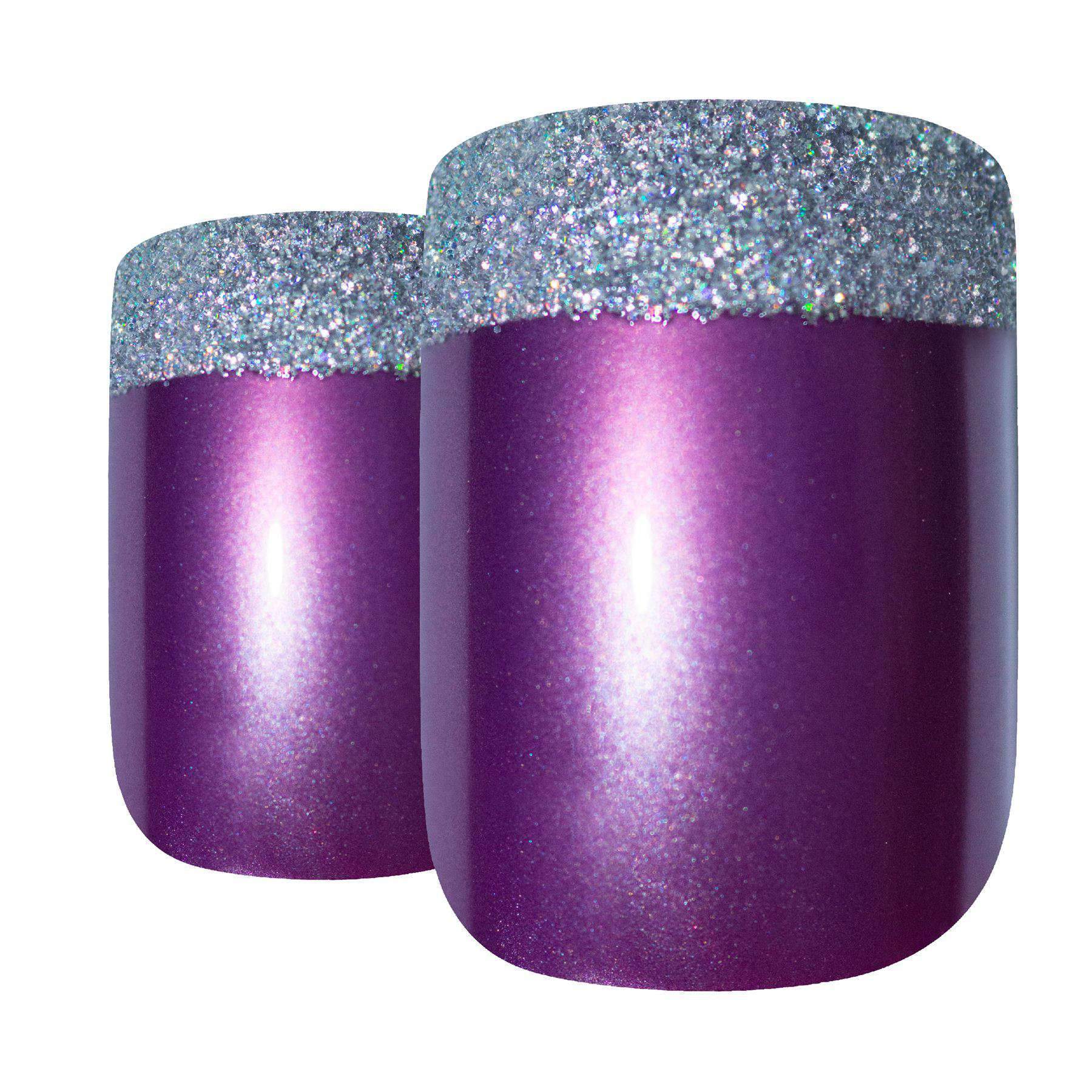 Bling Art Purple Silver French Manicure Fake Nails set with glitter effect, including glue, nail file, and cuticle stick.