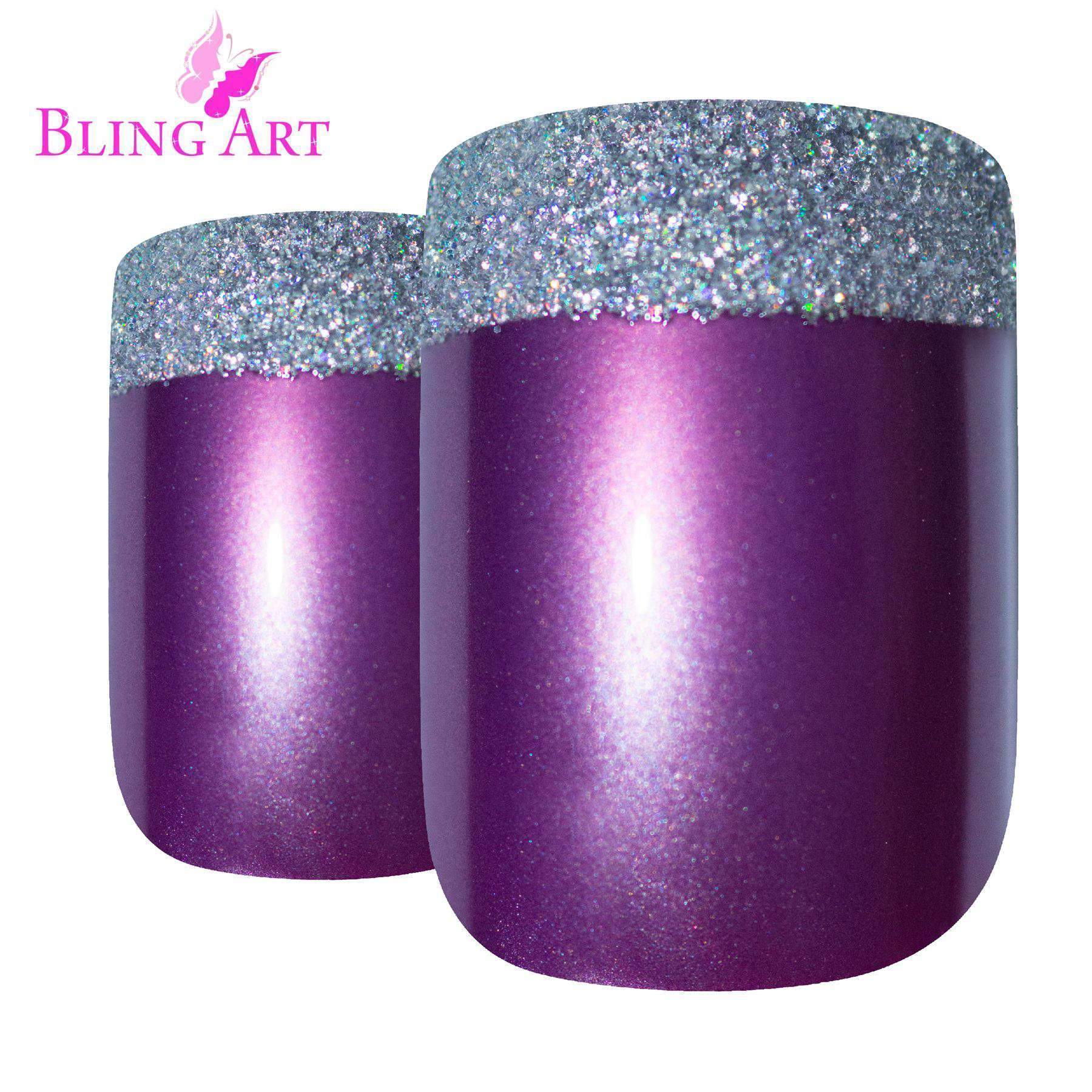 Bling Art Purple Silver French Manicure Fake Nails set with glitter effect, including glue, nail file, and cuticle stick.