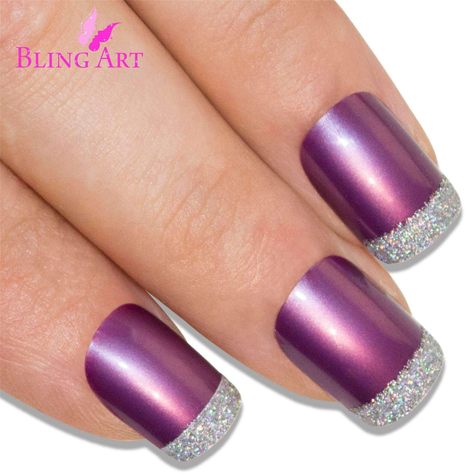Bling Art Purple Silver French Manicure Fake Nails set with glitter effect, including glue, nail file, and cuticle stick.