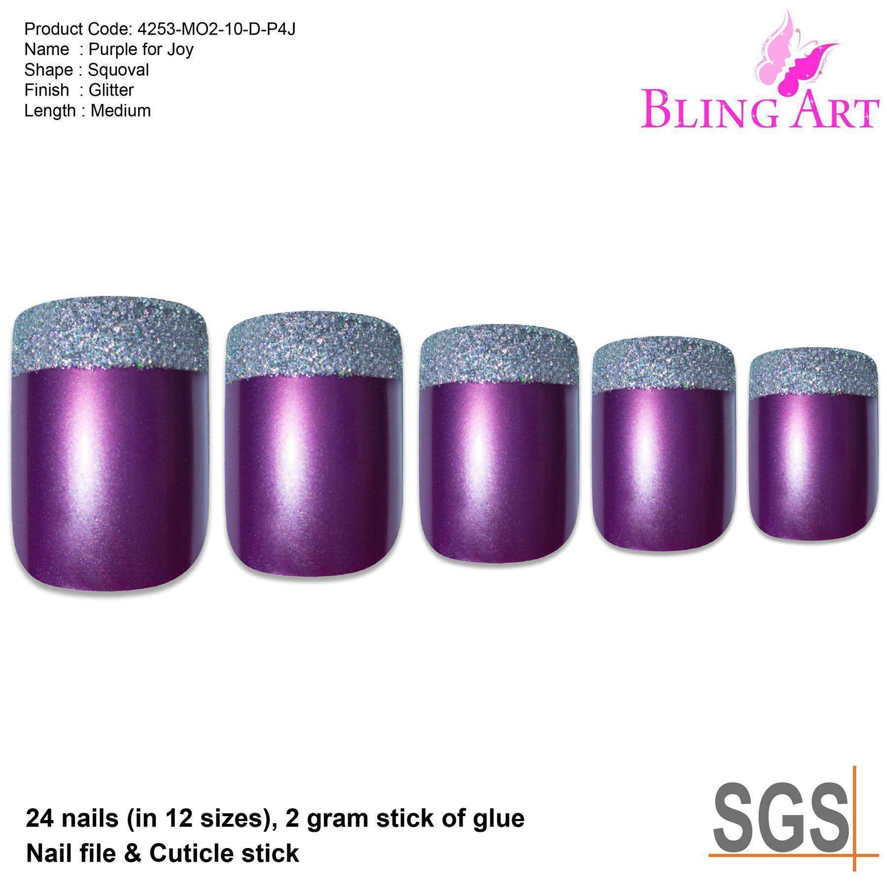 Bling Art Purple Silver French Manicure Fake Nails set with glitter effect, including glue, nail file, and cuticle stick.