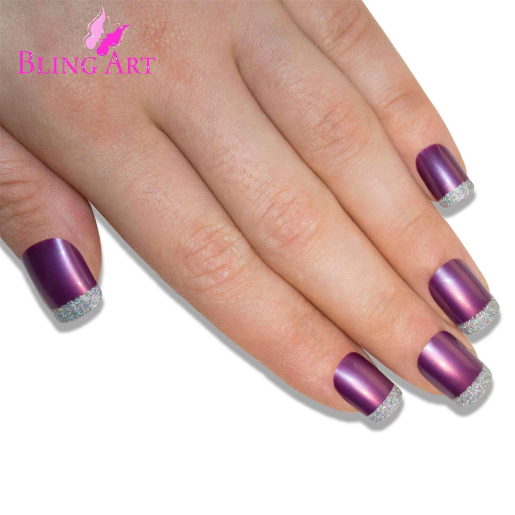 Bling Art Purple Silver French Manicure Fake Nails set with glitter effect, including glue, nail file, and cuticle stick.