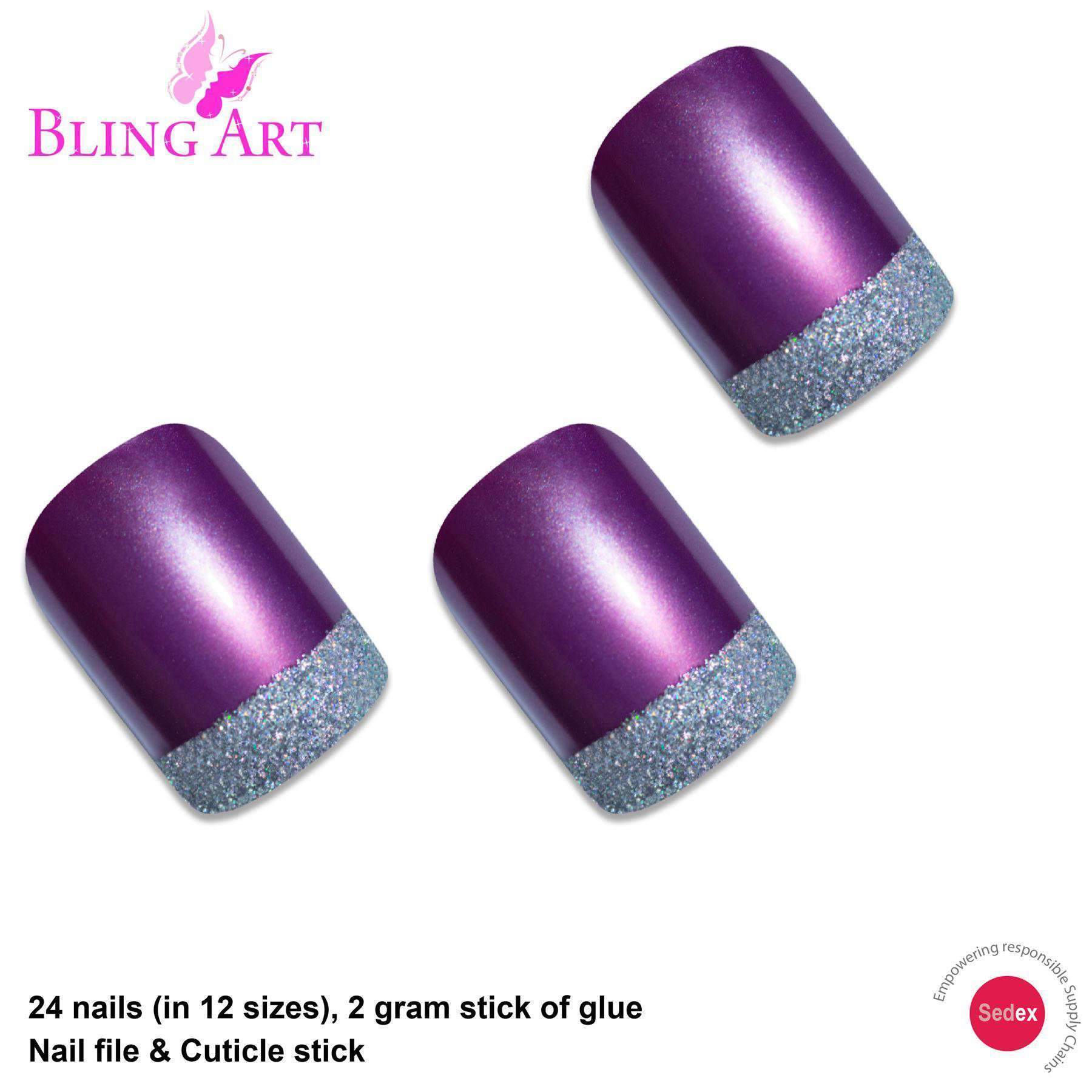 Bling Art Purple Silver French Manicure Fake Nails set with glitter effect, including glue, nail file, and cuticle stick.