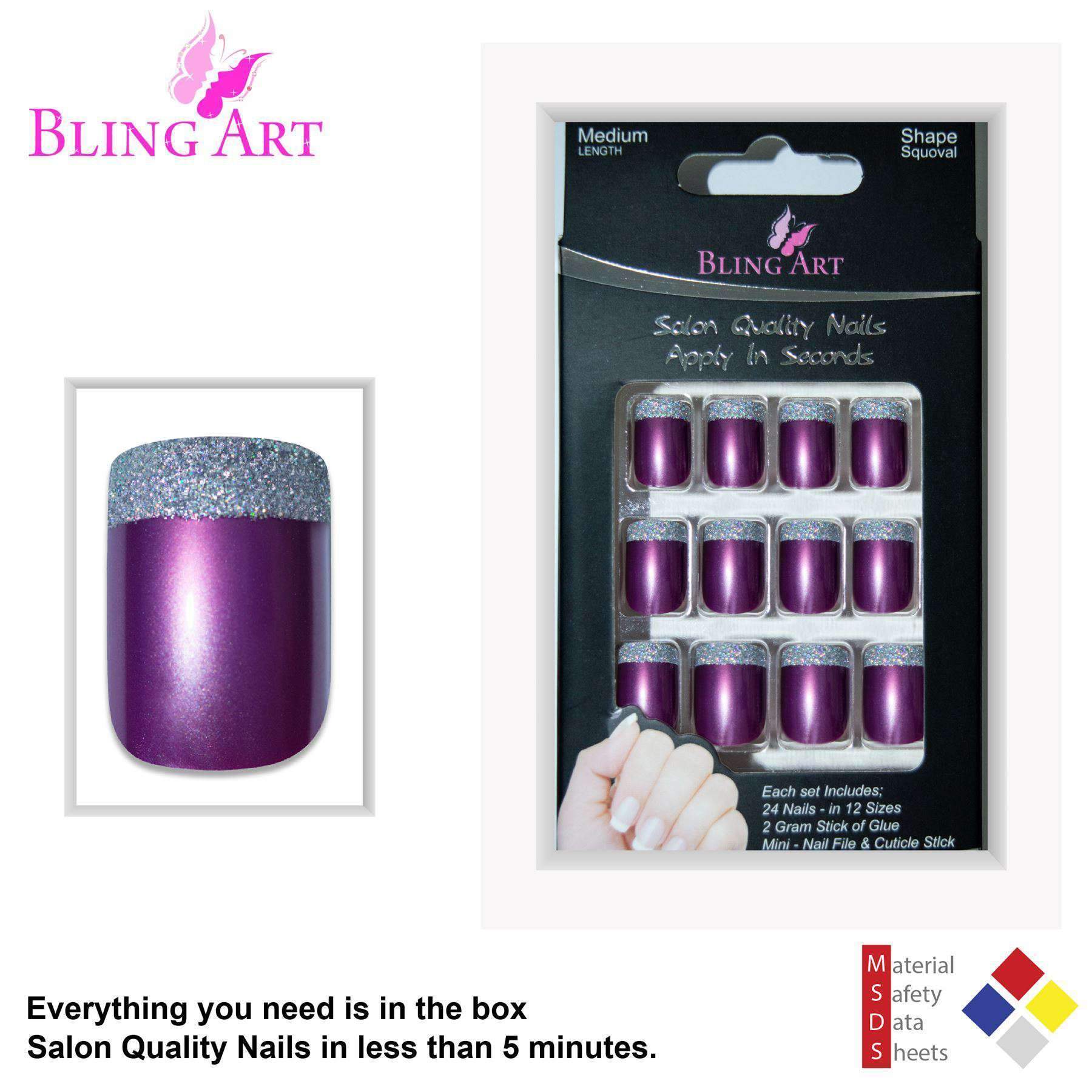 Bling Art Purple Silver French Manicure Fake Nails set with glitter effect, including glue, nail file, and cuticle stick.