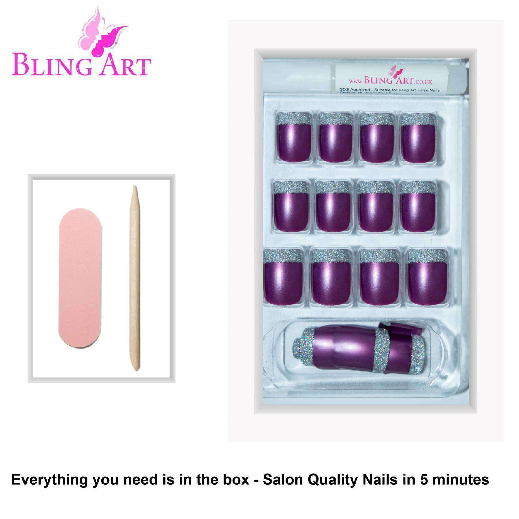 Bling Art Purple Silver French Manicure Fake Nails set with glitter effect, including glue, nail file, and cuticle stick.
