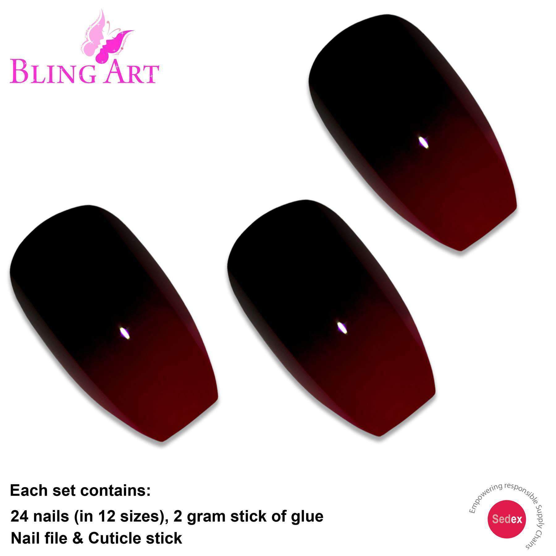 Bling Art False Nails in Venus Red Black Ballerina Coffin design, showcasing glossy red and black acrylic tips with a stylish shape.