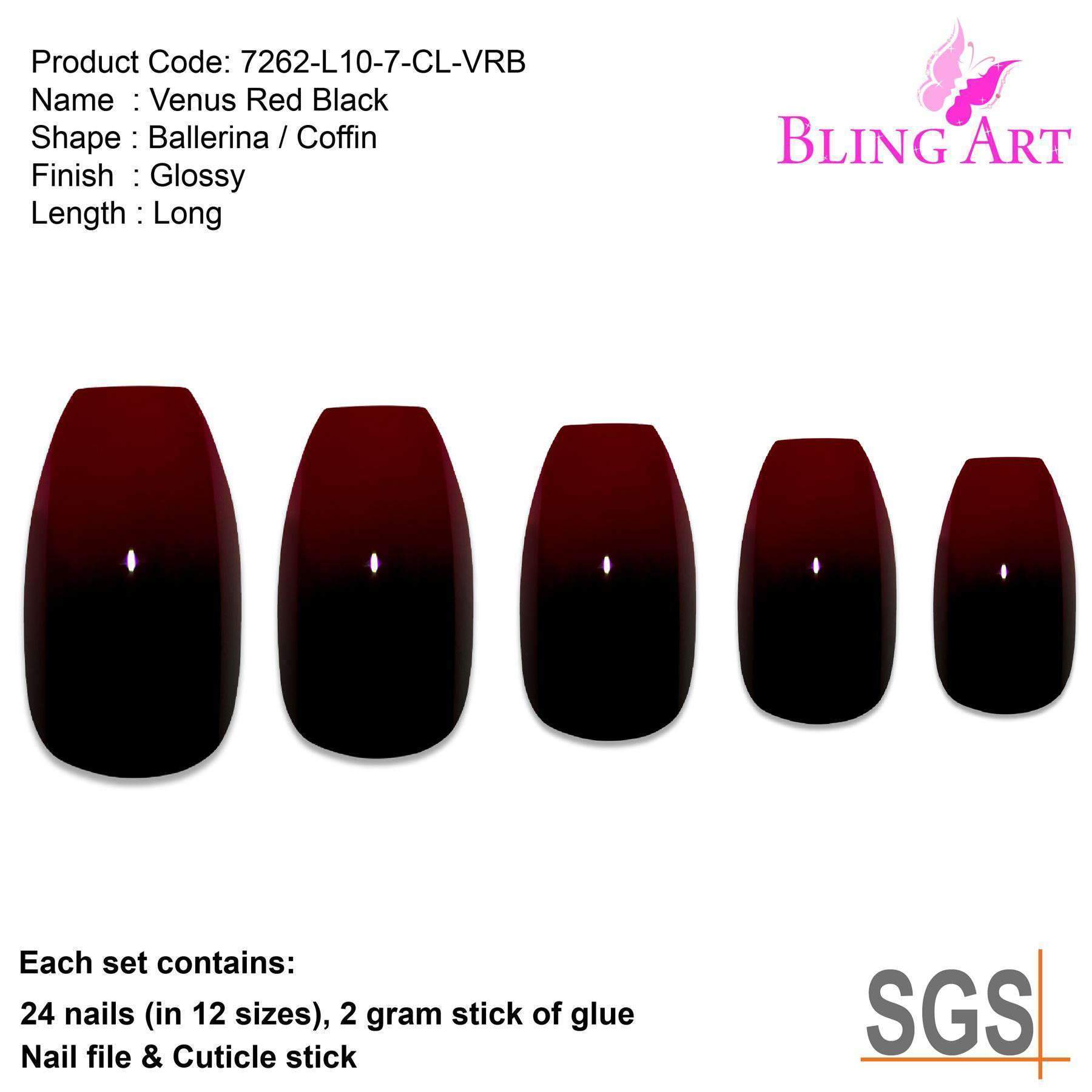 Bling Art False Nails in Venus Red Black Ballerina Coffin design, showcasing glossy red and black acrylic tips with a stylish shape.