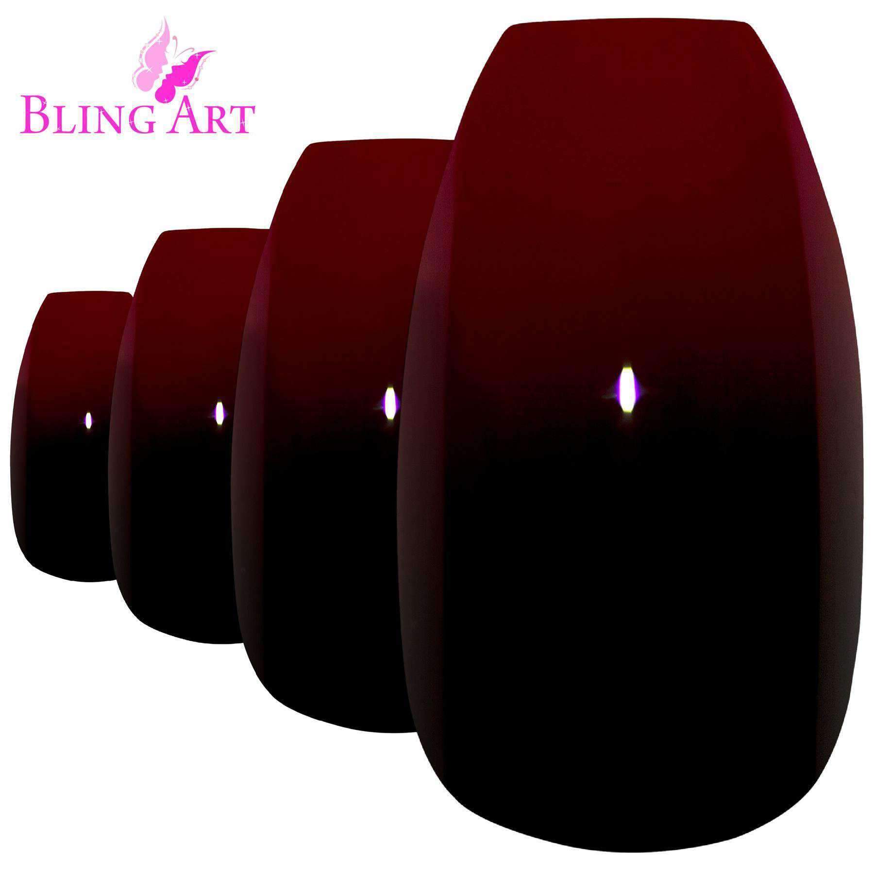 Bling Art False Nails in Venus Red Black Ballerina Coffin design, showcasing glossy red and black acrylic tips with a stylish shape.