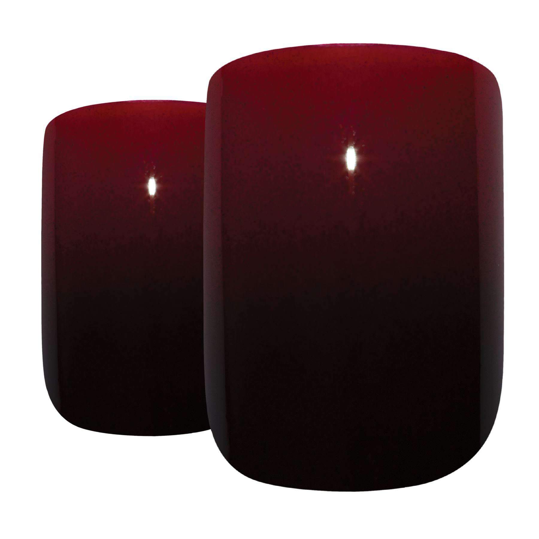 Bling Art Red Black French Squoval false nails displayed with glue, nail file, and cuticle stick.