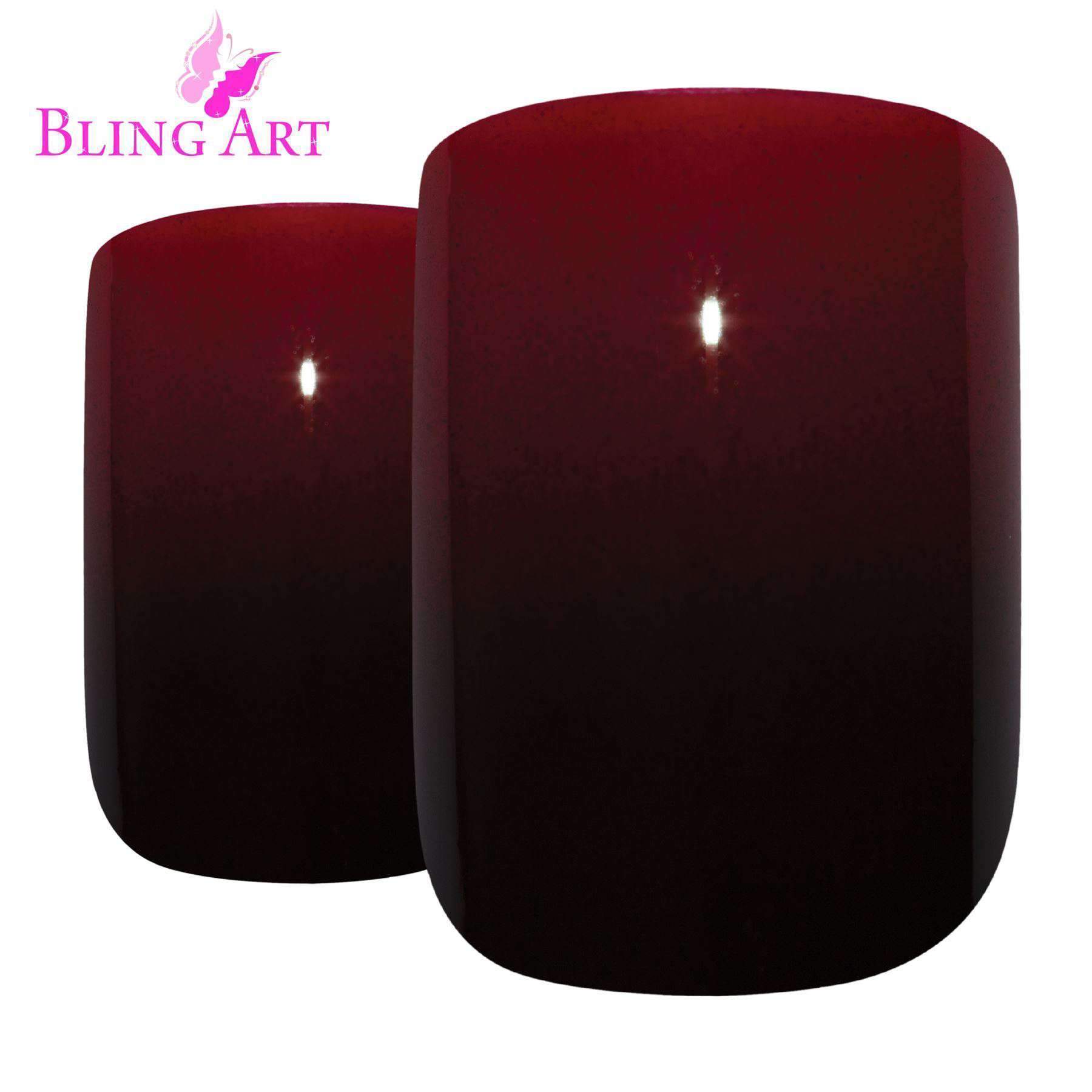 Bling Art Red Black French Squoval false nails displayed with glue, nail file, and cuticle stick.