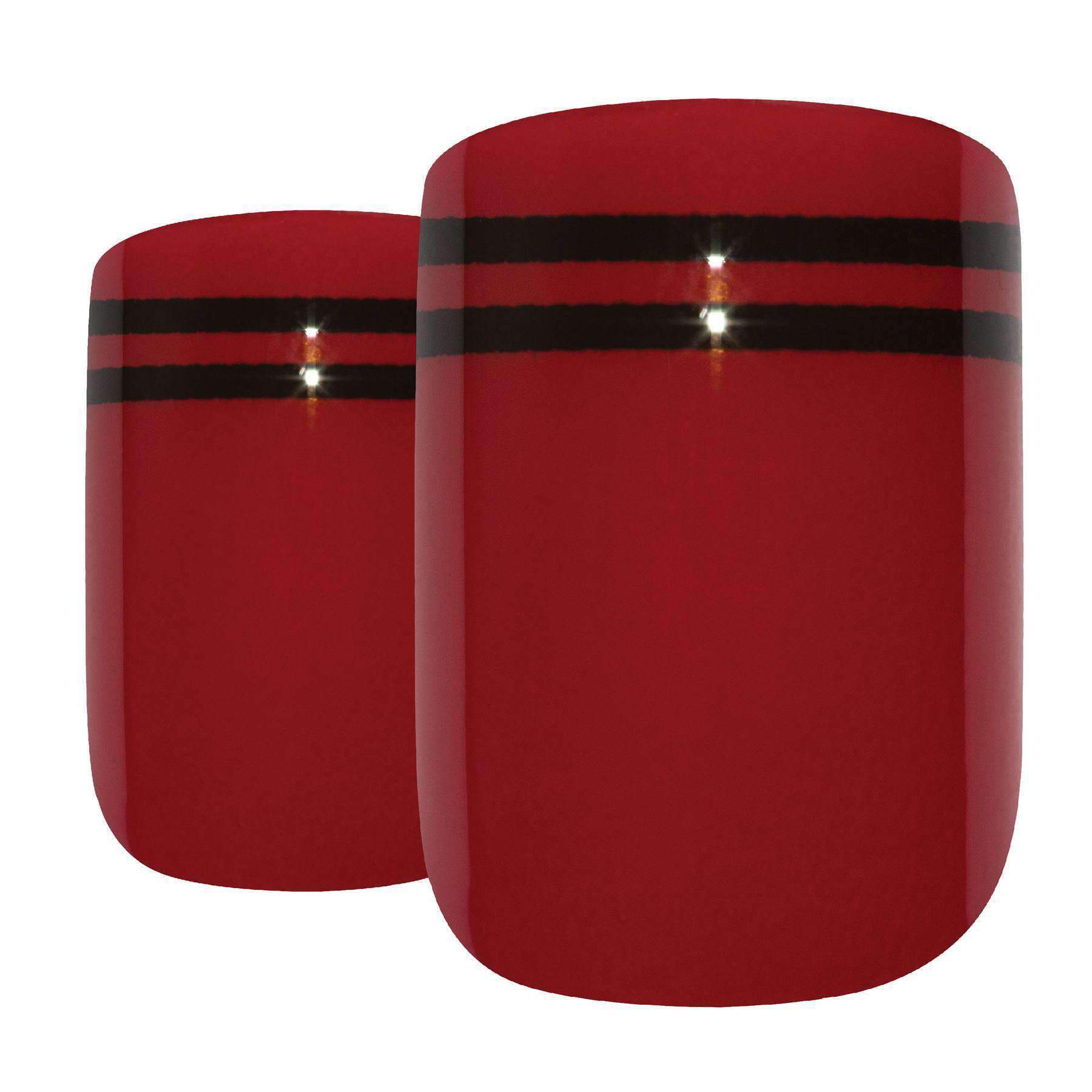 Bling Art Red Black Glossy French Squoval false nails displayed with glue, nail file, and cuticle stick.