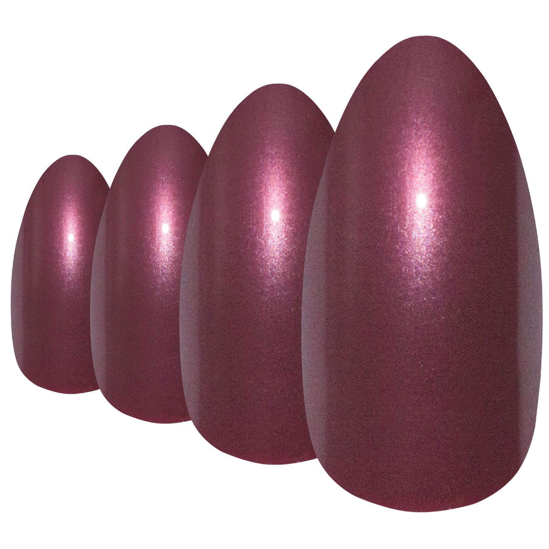 Bling Art False Nails in Sangria Red Brown, featuring almond stiletto shape and pearlised finish, displayed with glue, nail file, and cuticle stick.