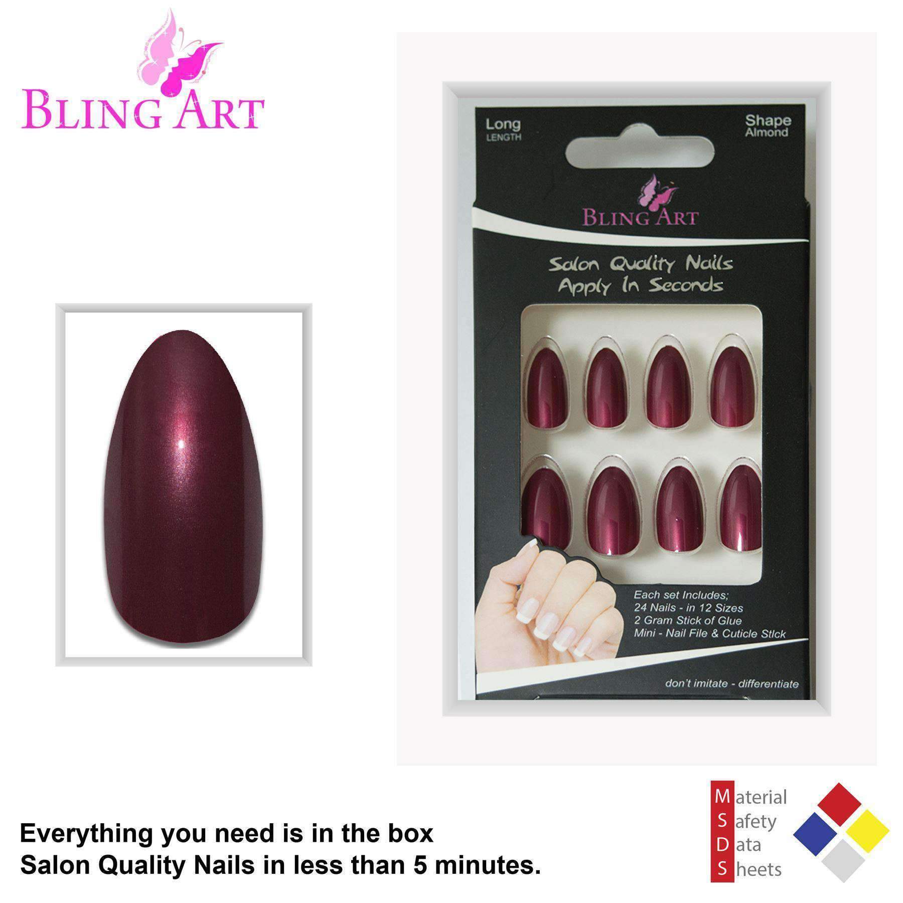 Bling Art False Nails in Sangria Red Brown, featuring almond stiletto shape and pearlised finish, displayed with glue, nail file, and cuticle stick.