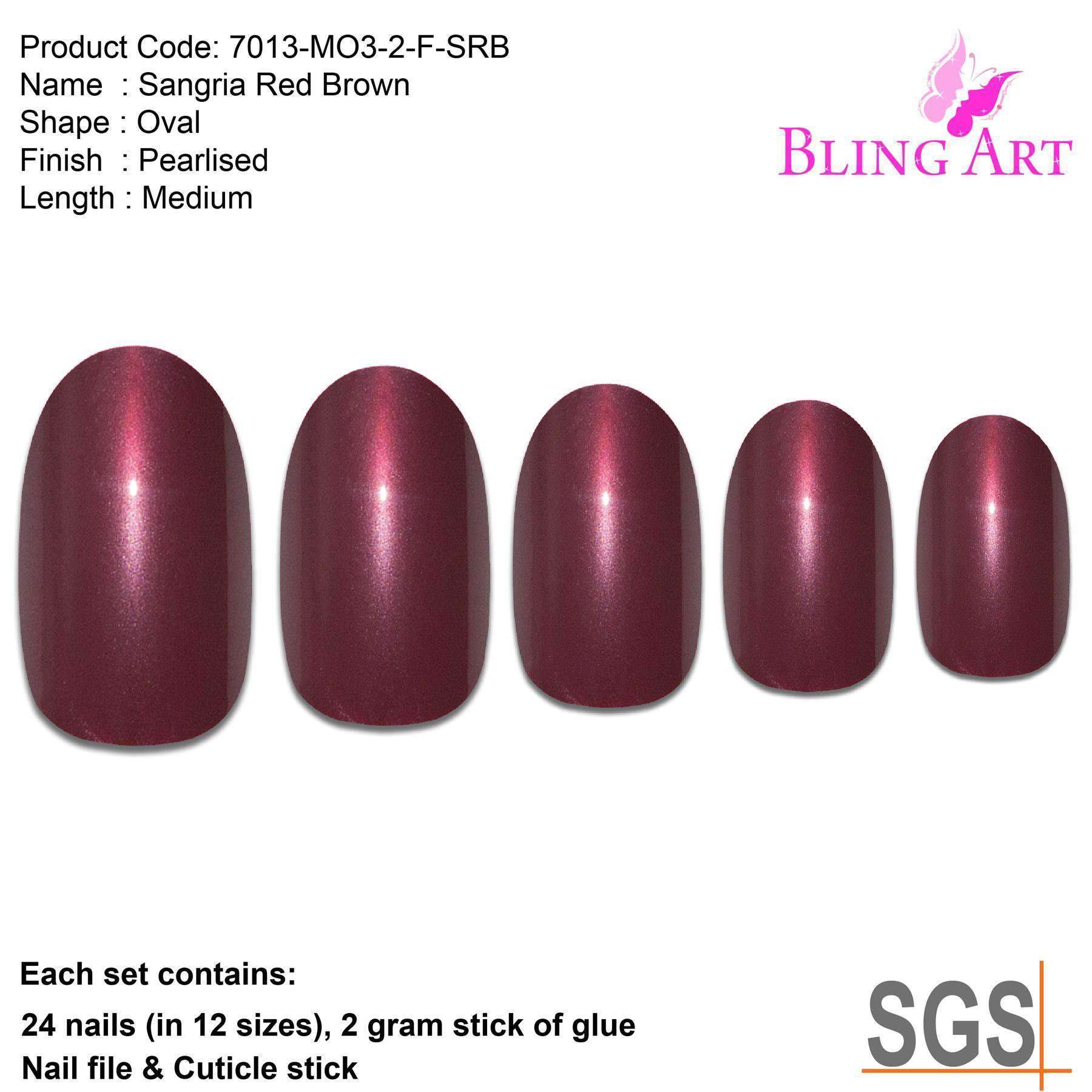 Bling Art Red Brown Glitter Oval Medium Acrylic Tips set with 24 fake nails, glue, nail file, and cuticle stick, showcasing a luxurious design.