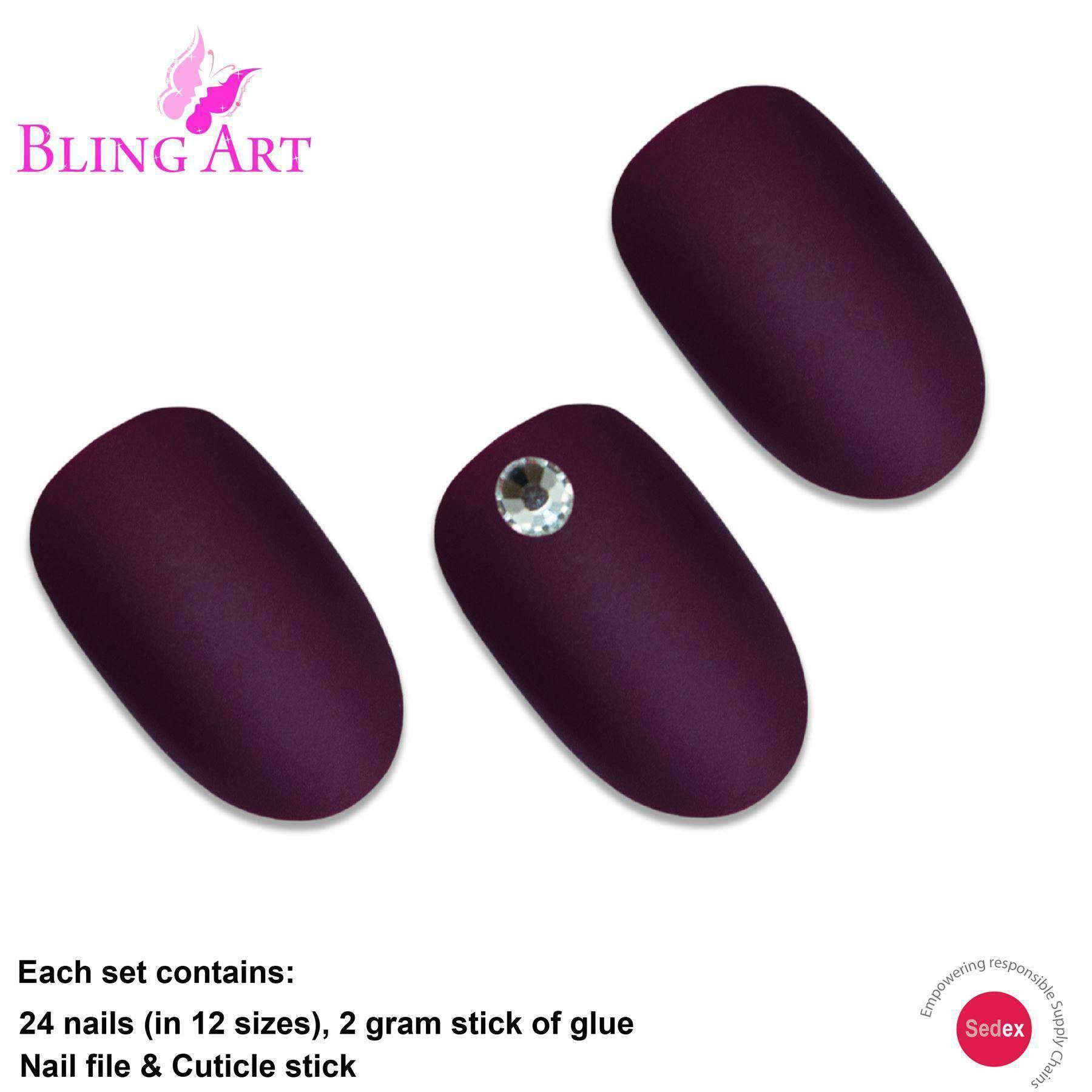 Bling Art Red Brown Matte Oval Medium Fake Acrylic Tips set with 24 nails, glue, nail file, and cuticle stick.