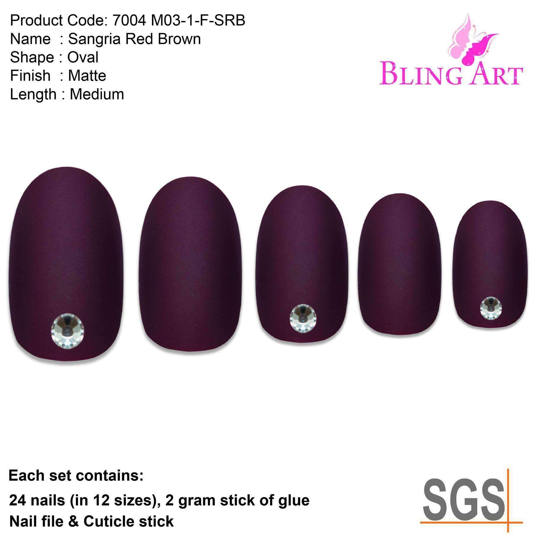 Bling Art Red Brown Matte Oval Medium Fake Acrylic Tips set with 24 nails, glue, nail file, and cuticle stick.