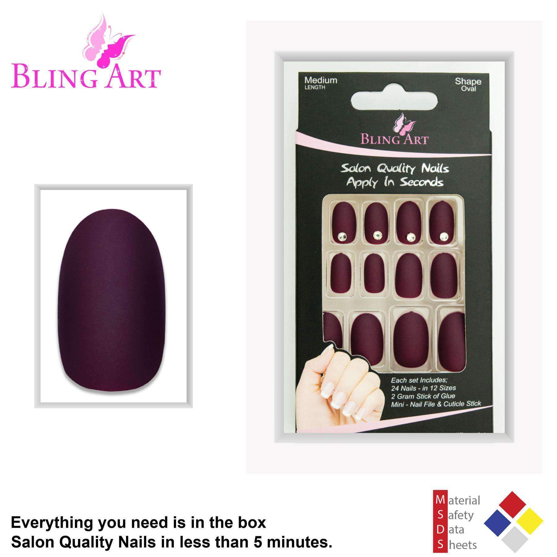 Bling Art Red Brown Matte Oval Medium Fake Acrylic Tips set with 24 nails, glue, nail file, and cuticle stick.