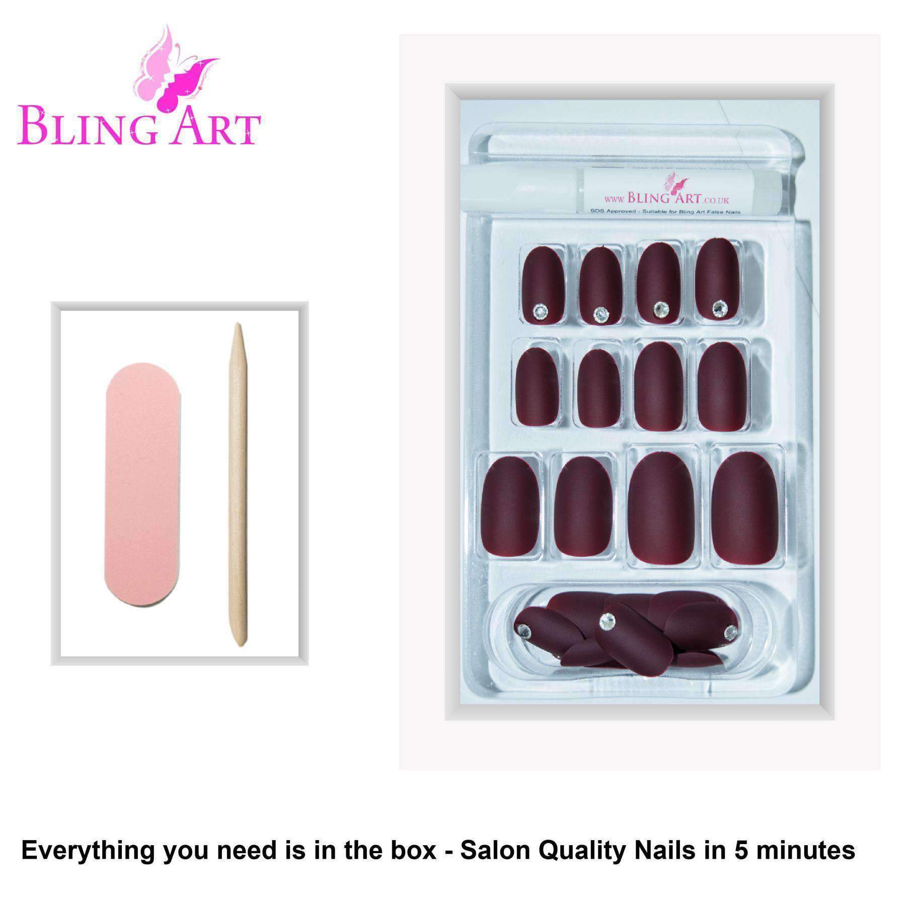 Bling Art Red Brown Matte Oval Medium Fake Acrylic Tips set with 24 nails, glue, nail file, and cuticle stick.