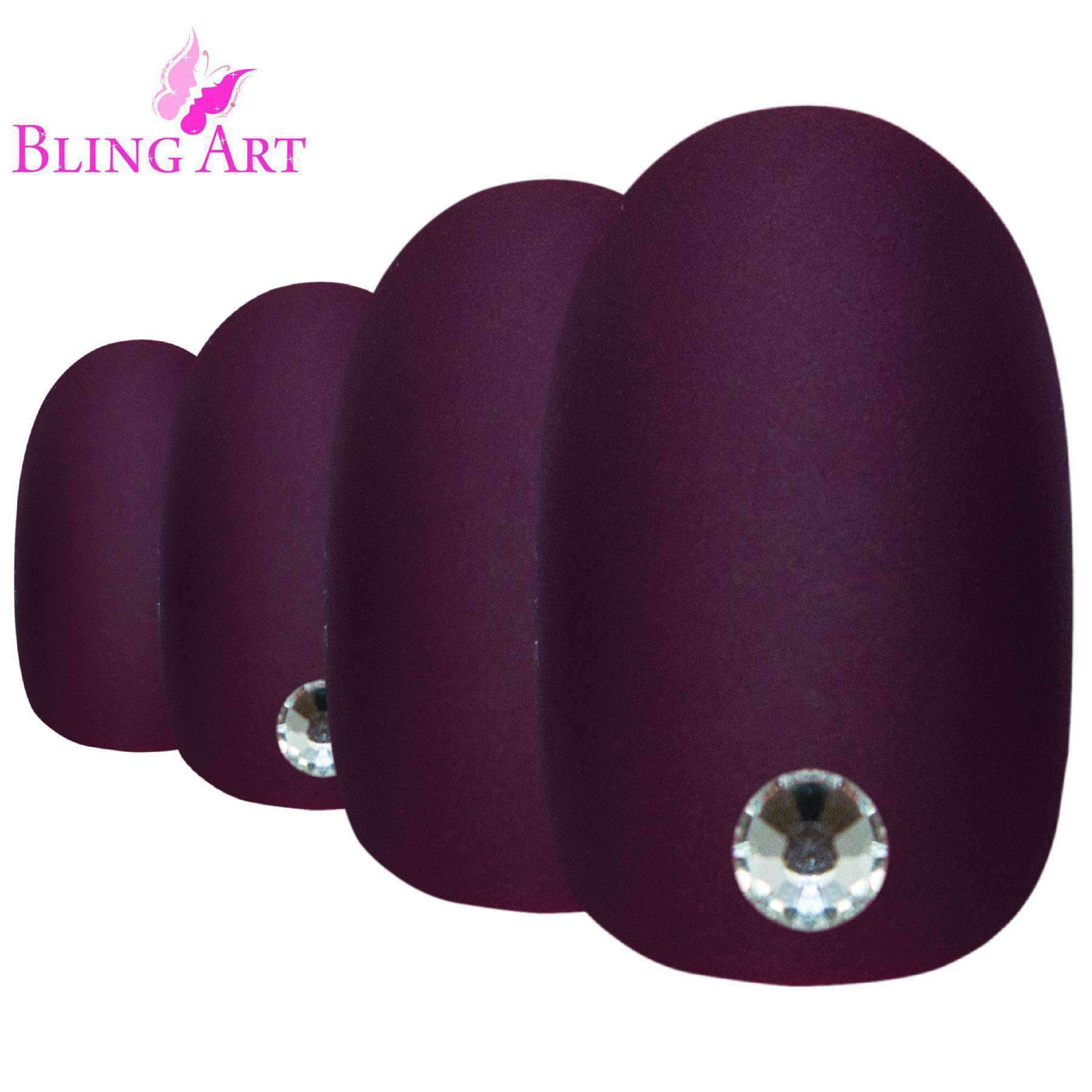 Bling Art Red Brown Matte Oval Medium Fake Acrylic Tips set with 24 nails, glue, nail file, and cuticle stick.