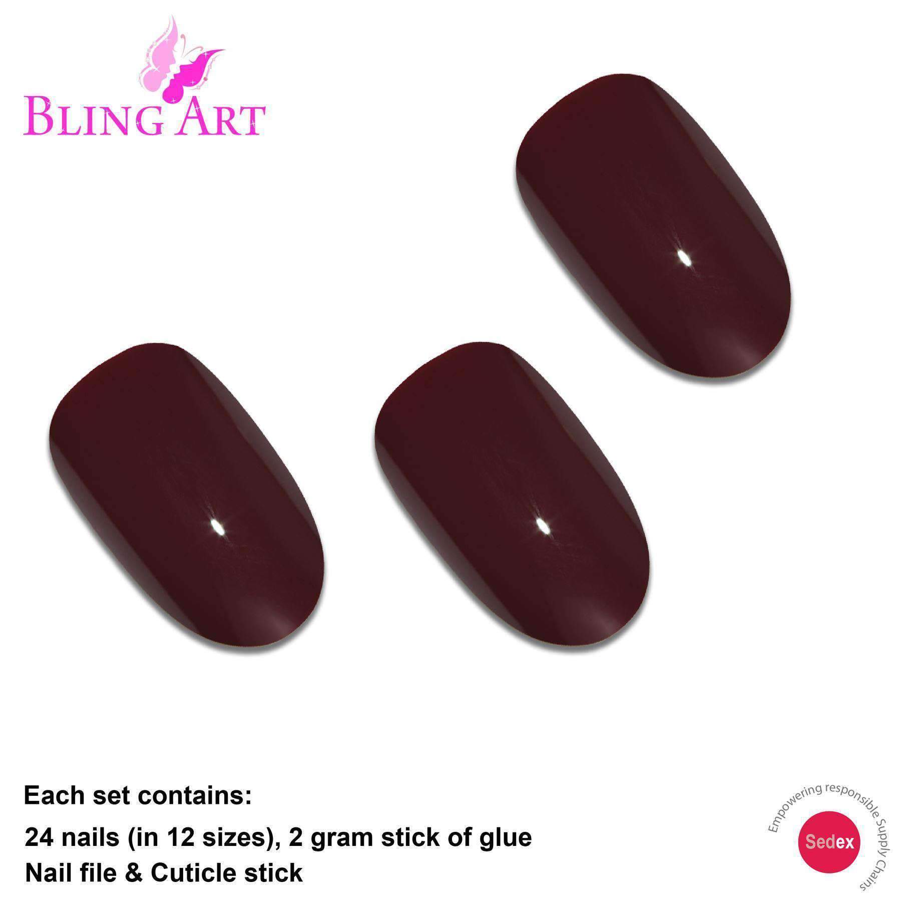 Bling Art Red Brown Polished Oval Medium Fake Acrylic Nails set with glue, nail file, and cuticle stick.