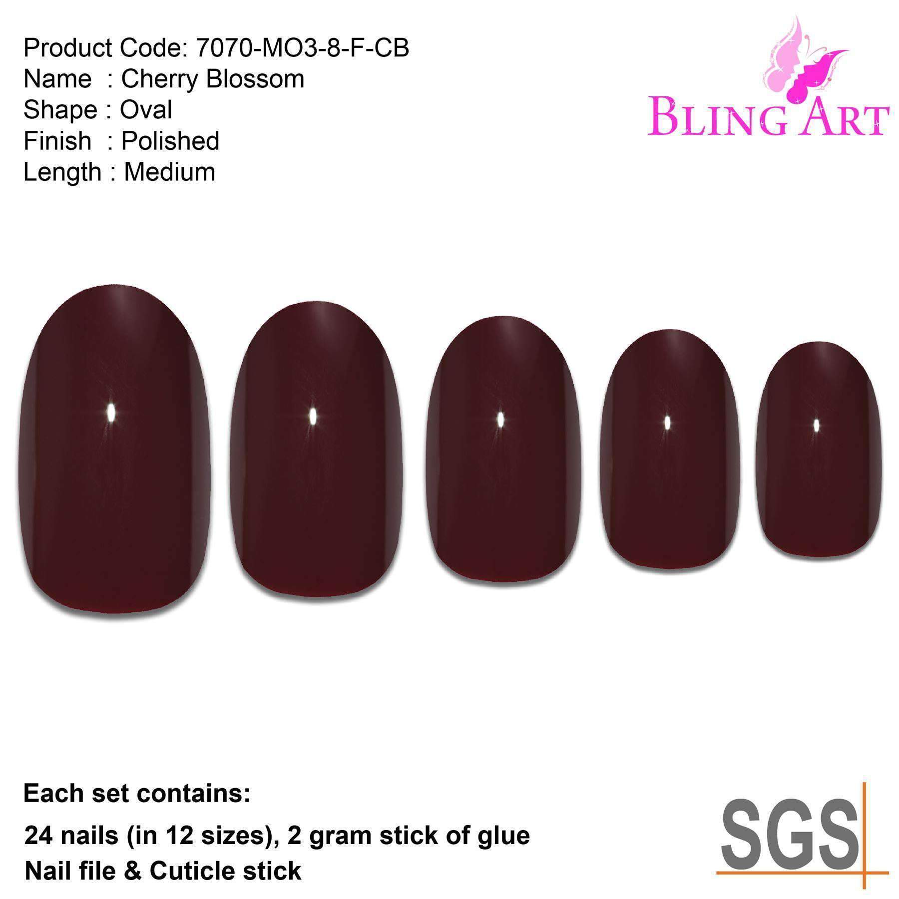 Bling Art Red Brown Polished Oval Medium Fake Acrylic Nails set with glue, nail file, and cuticle stick.
