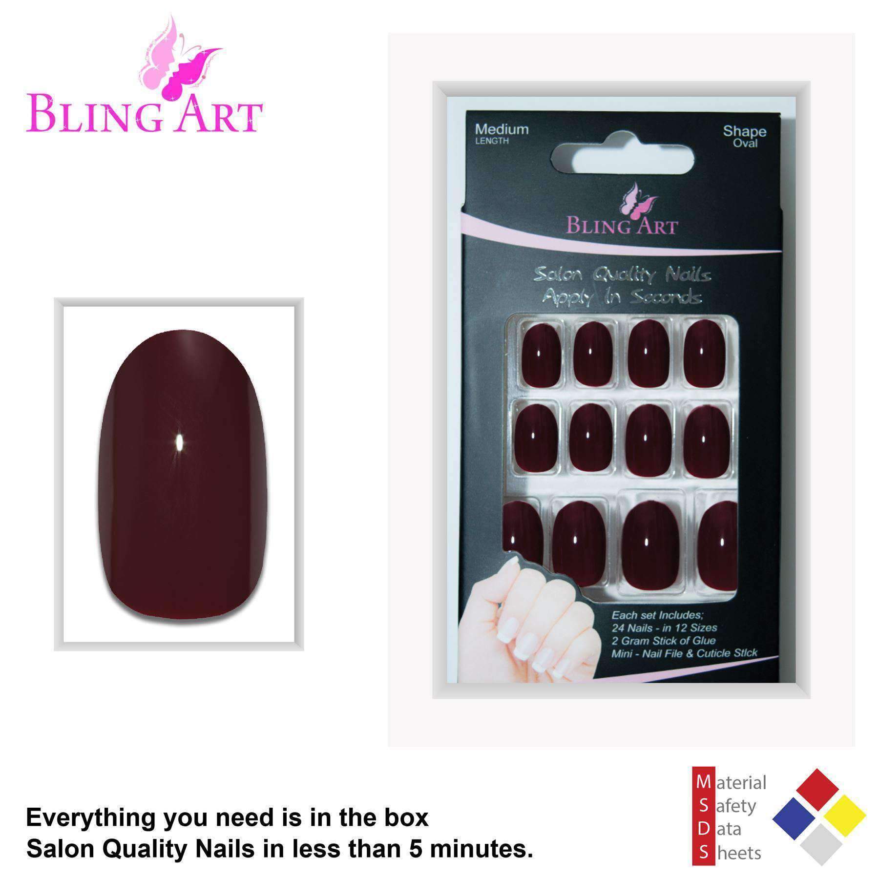 Bling Art Red Brown Polished Oval Medium Fake Acrylic Nails set with glue, nail file, and cuticle stick.