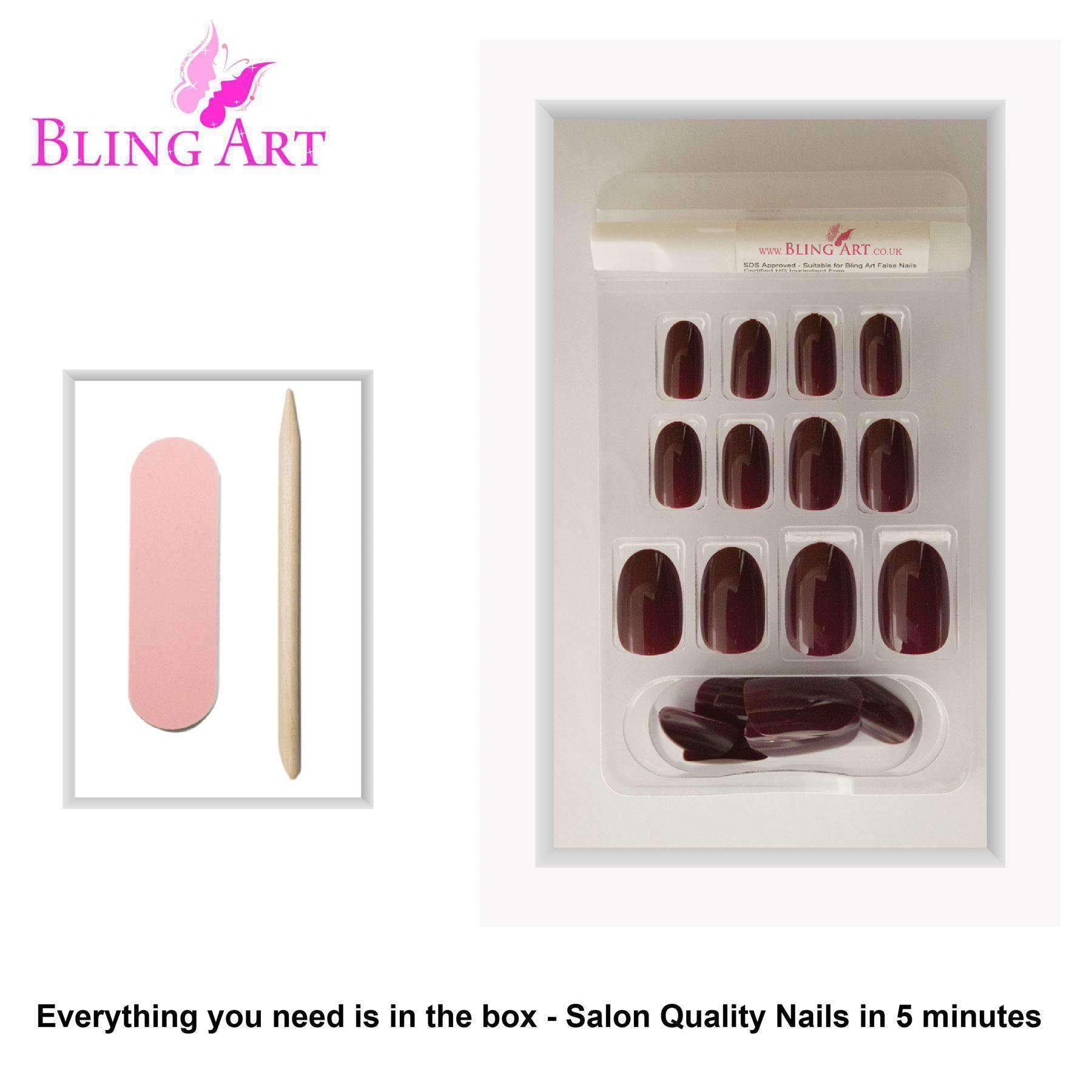 Bling Art Red Brown Polished Oval Medium Fake Acrylic Nails set with glue, nail file, and cuticle stick.