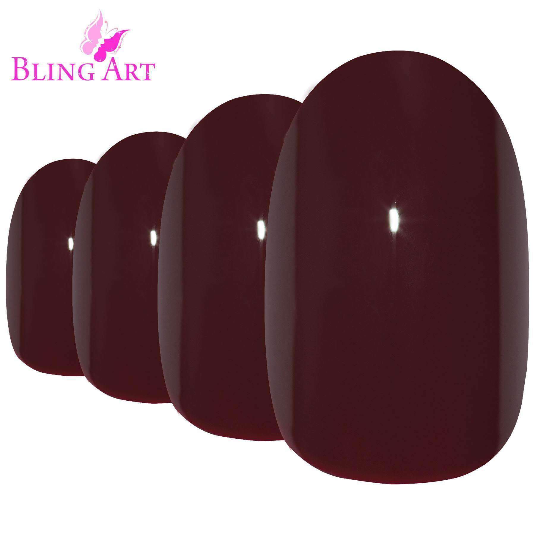 Bling Art Red Brown Polished Oval Medium Fake Acrylic Nails set with glue, nail file, and cuticle stick.
