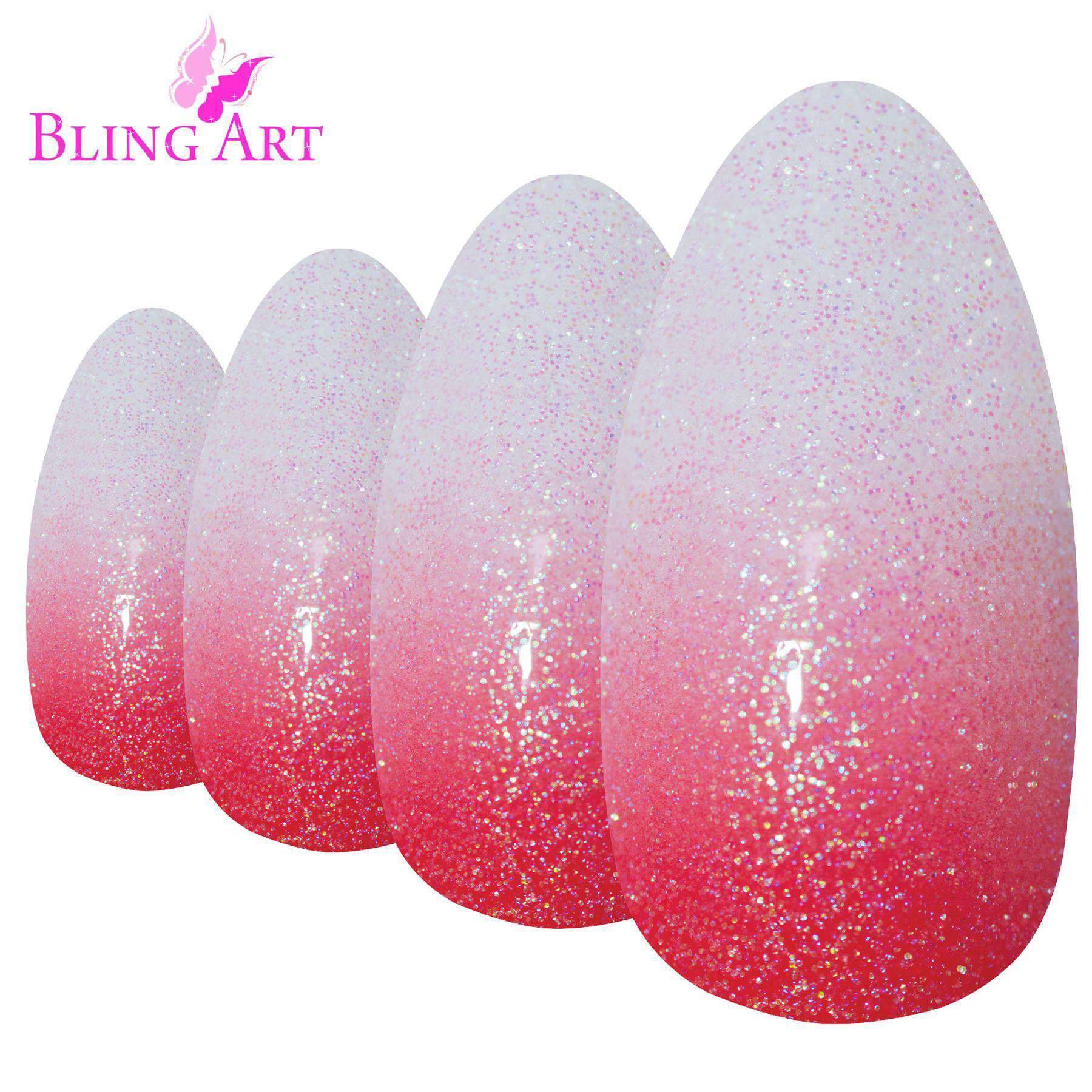 Bling Art Red Gel Ombre Almond Stiletto Fake Nails set with glue, nail file, and cuticle stick.