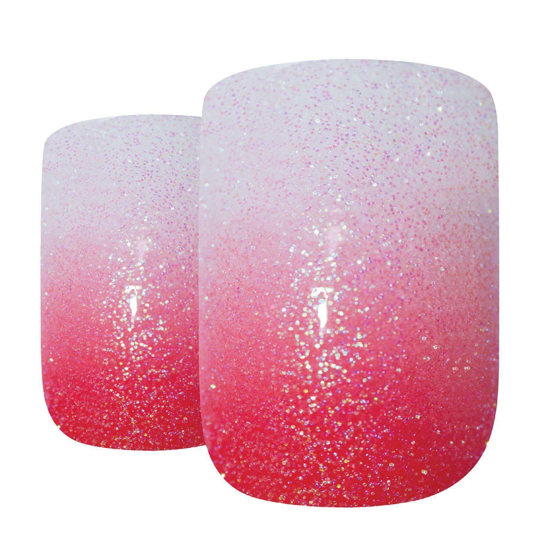 Bling Art Red Gel Ombre French Squoval false nails displayed in a stylish arrangement, showcasing their vibrant red ombre design and included accessories.