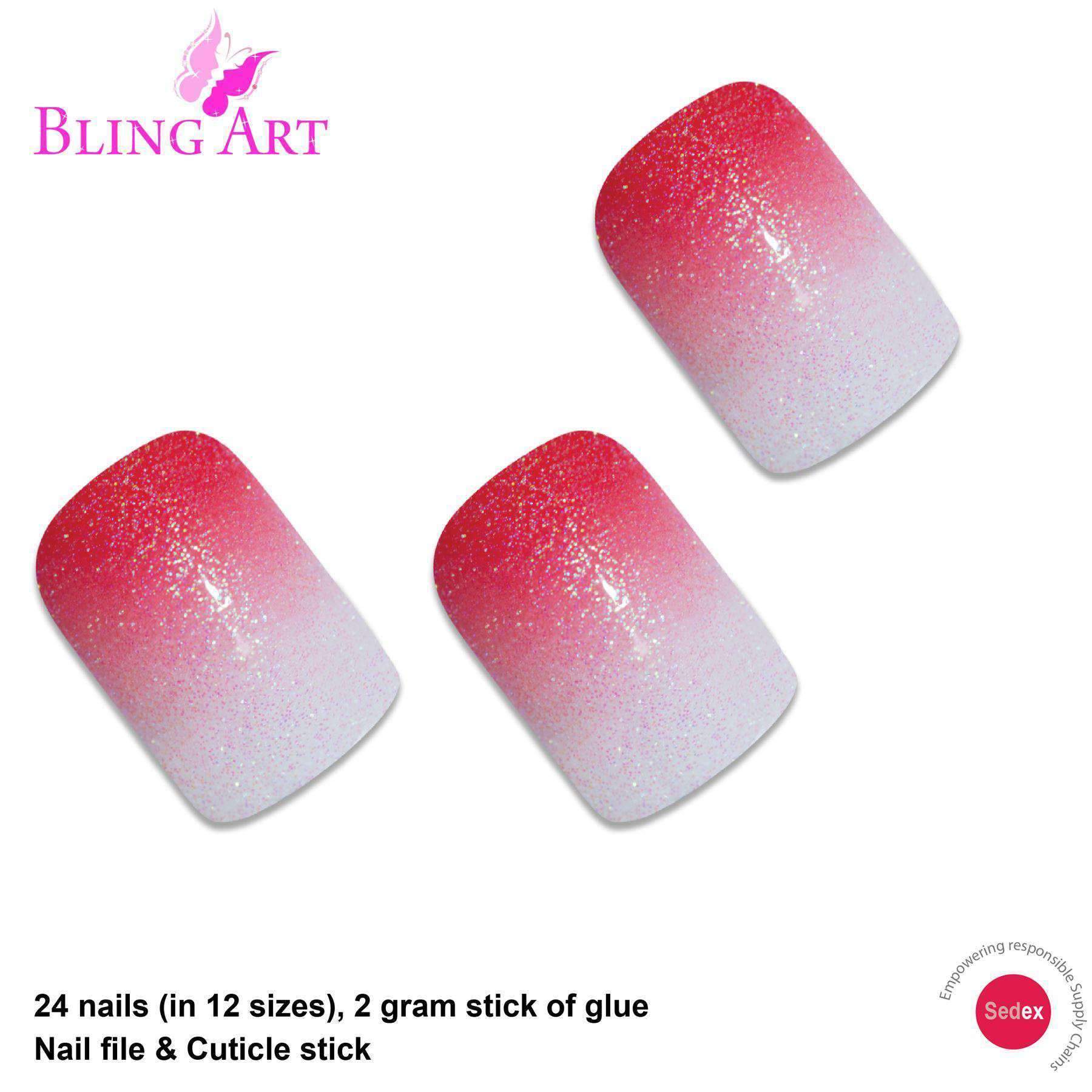 Bling Art Red Gel Ombre French Squoval false nails displayed in a stylish arrangement, showcasing their vibrant red ombre design and included accessories.