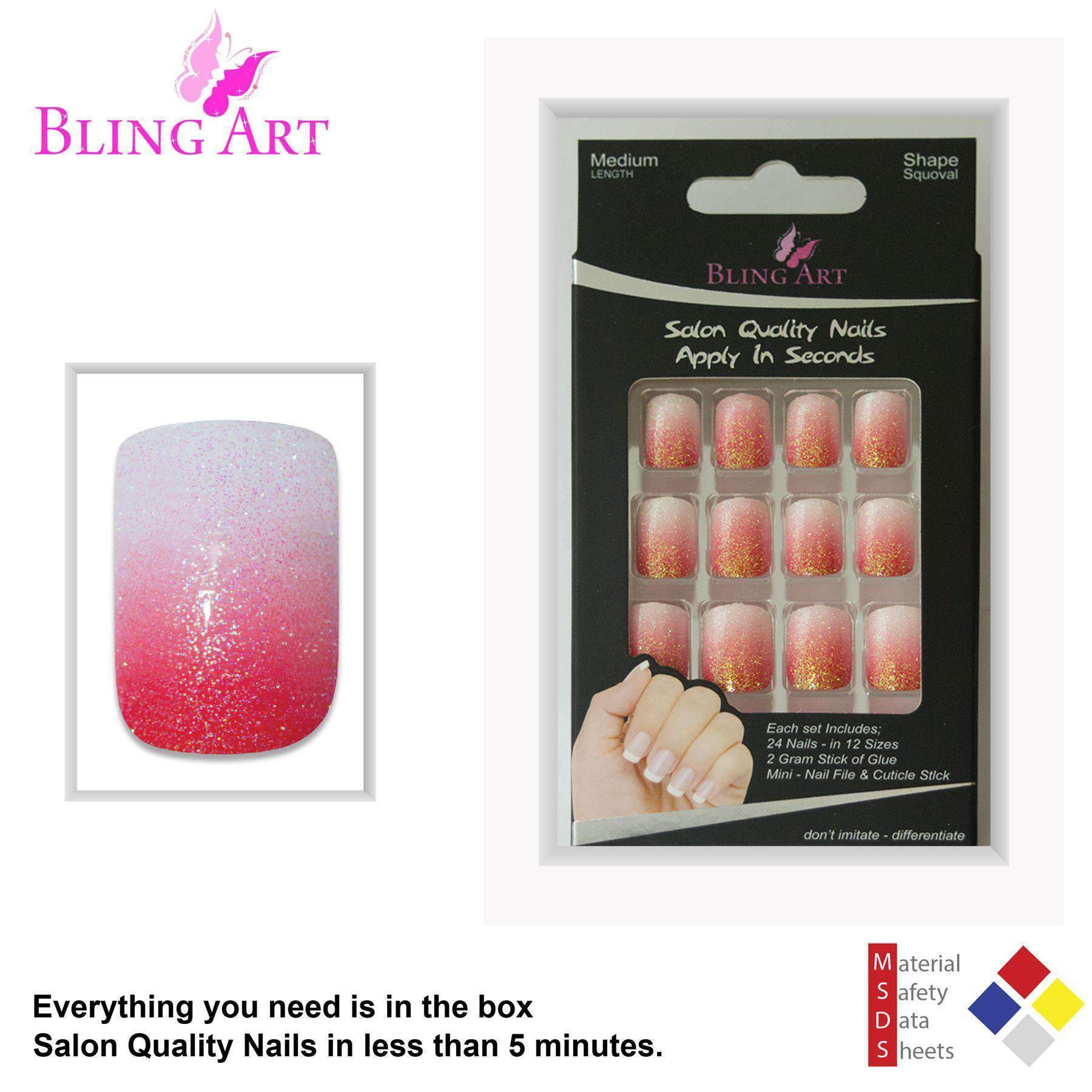 Bling Art Red Gel Ombre French Squoval false nails displayed in a stylish arrangement, showcasing their vibrant red ombre design and included accessories.