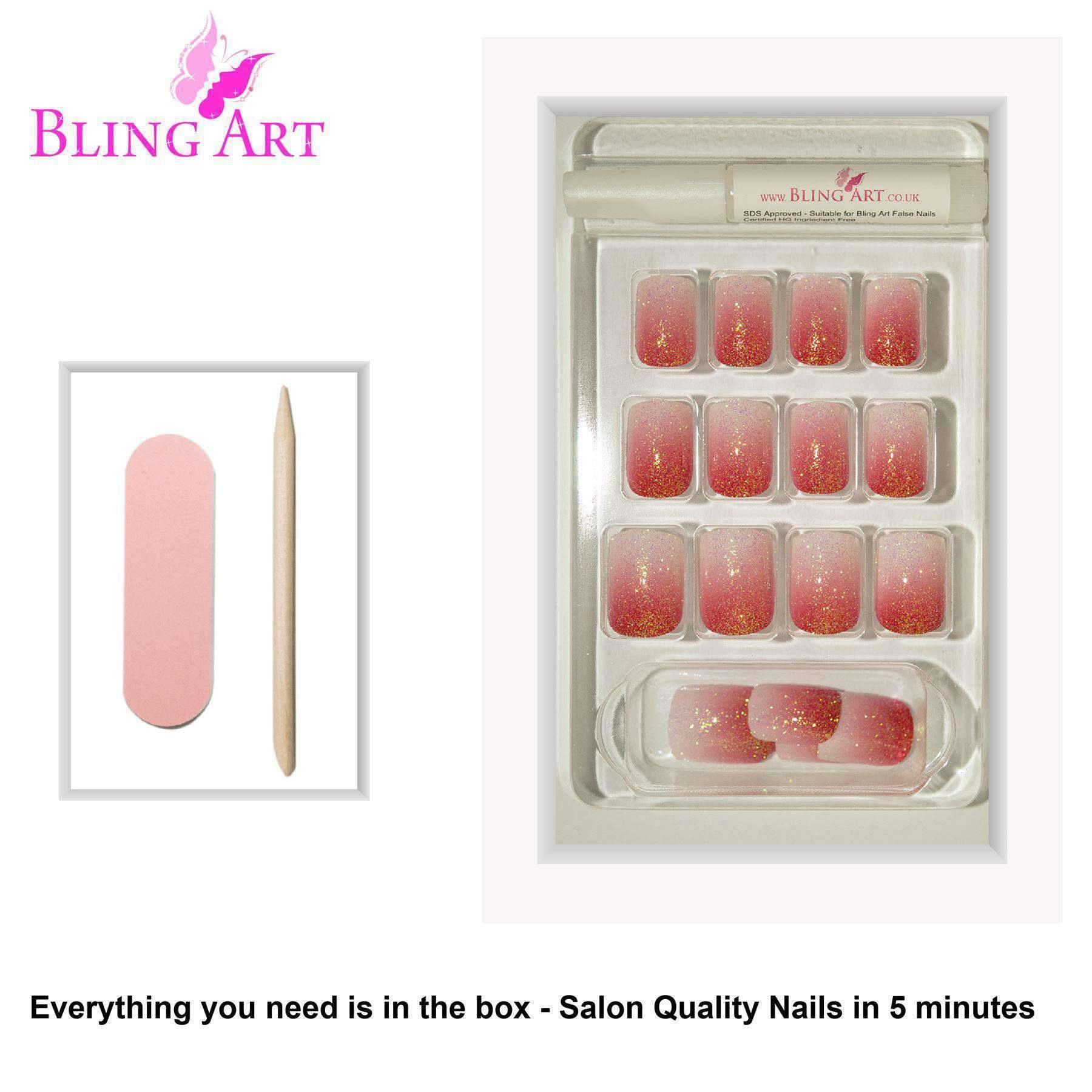 Bling Art Red Gel Ombre French Squoval false nails displayed in a stylish arrangement, showcasing their vibrant red ombre design and included accessories.