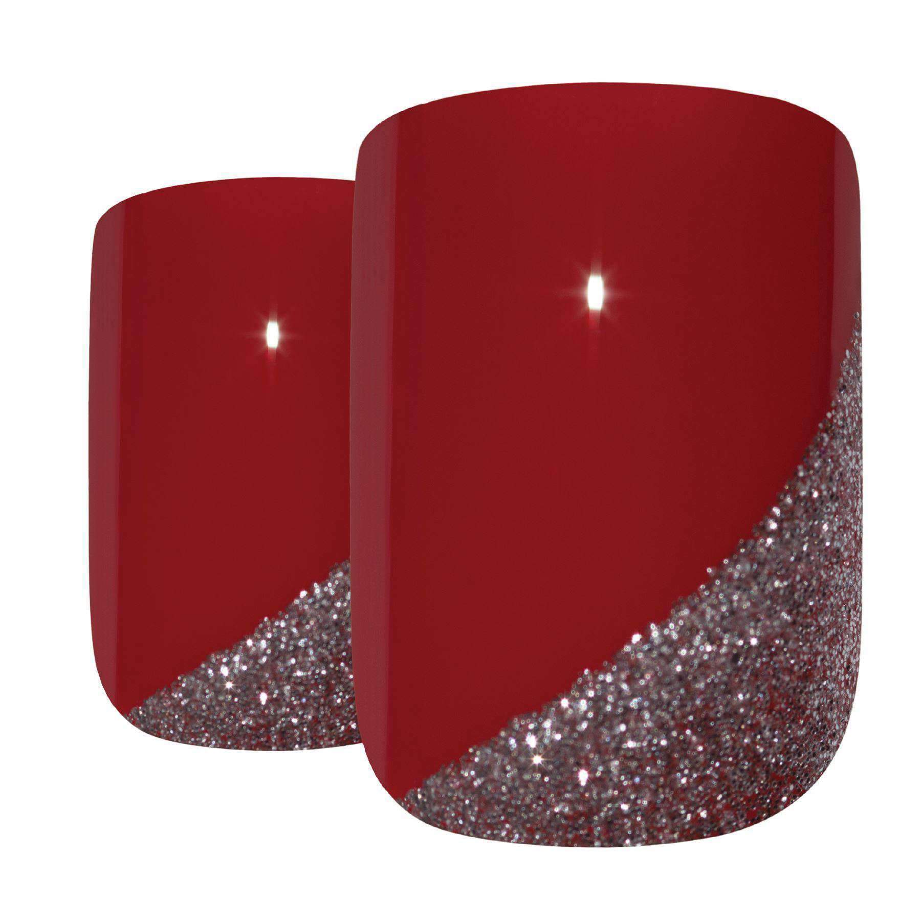 Bling Art Red Glitter French Squoval false nails displayed with included accessories like glue, nail file, and cuticle stick.