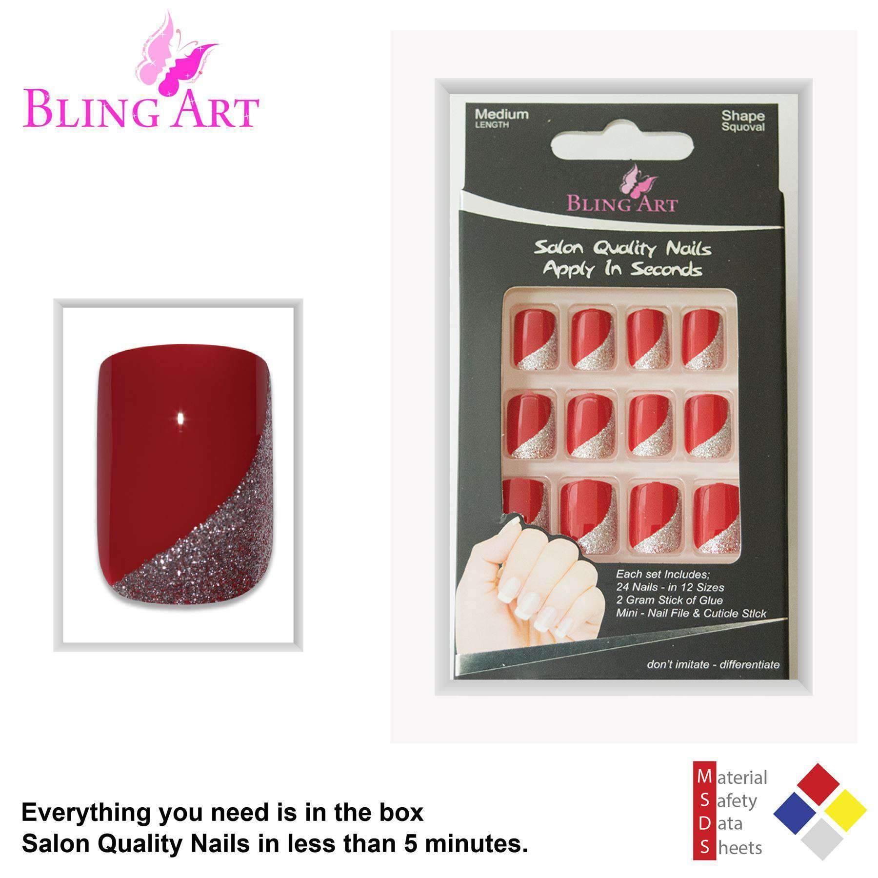 Bling Art Red Glitter French Squoval false nails displayed with included accessories like glue, nail file, and cuticle stick.