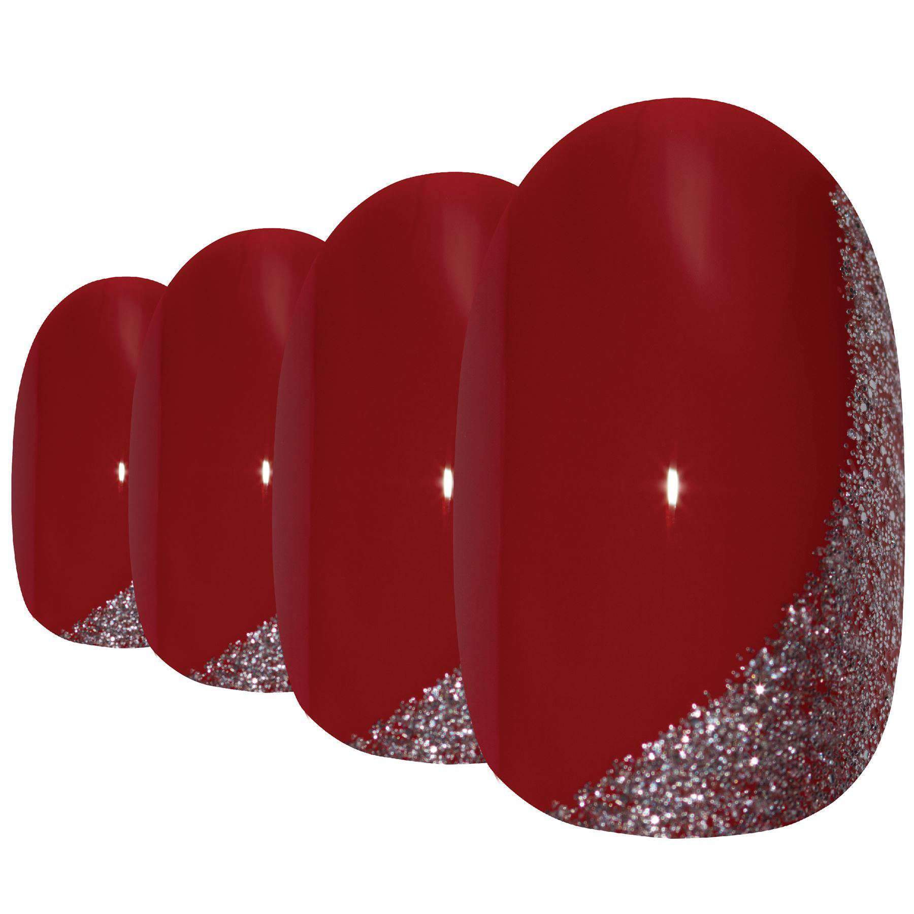 Bling Art Red Glitter Oval Medium Fake Acrylic Nails displayed with glue, nail file, and cuticle stick.