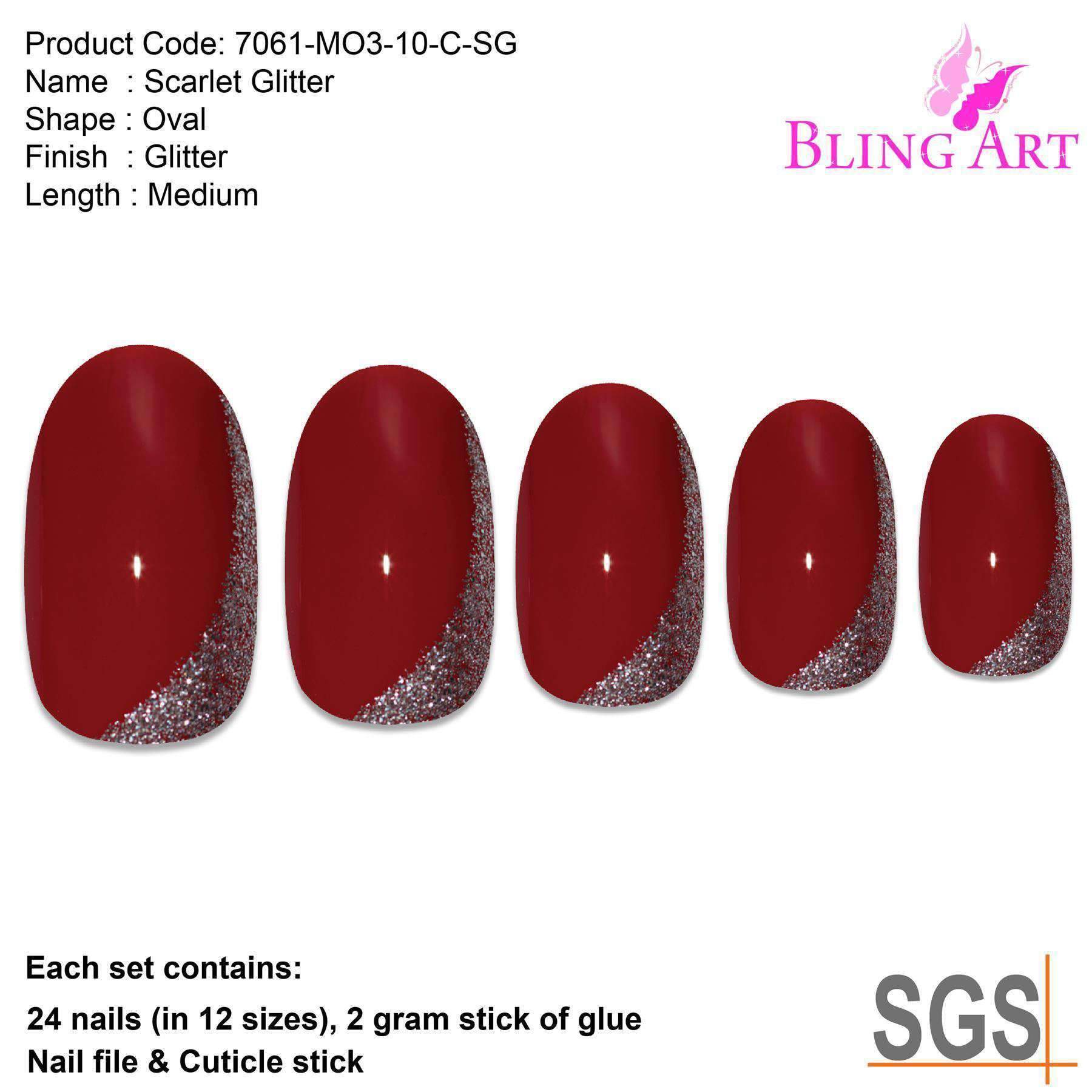 Bling Art Red Glitter Oval Medium Fake Acrylic Nails displayed with glue, nail file, and cuticle stick.