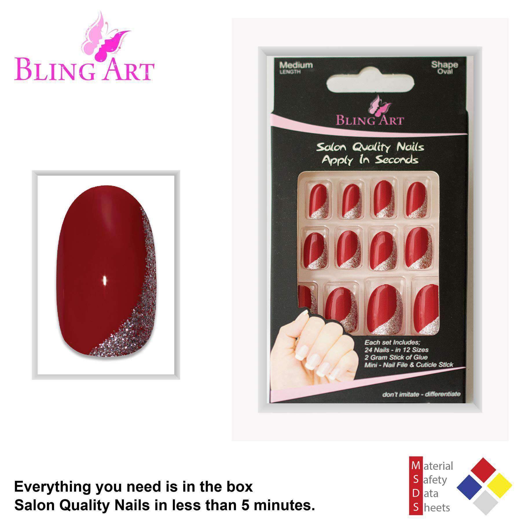 Bling Art Red Glitter Oval Medium Fake Acrylic Nails displayed with glue, nail file, and cuticle stick.