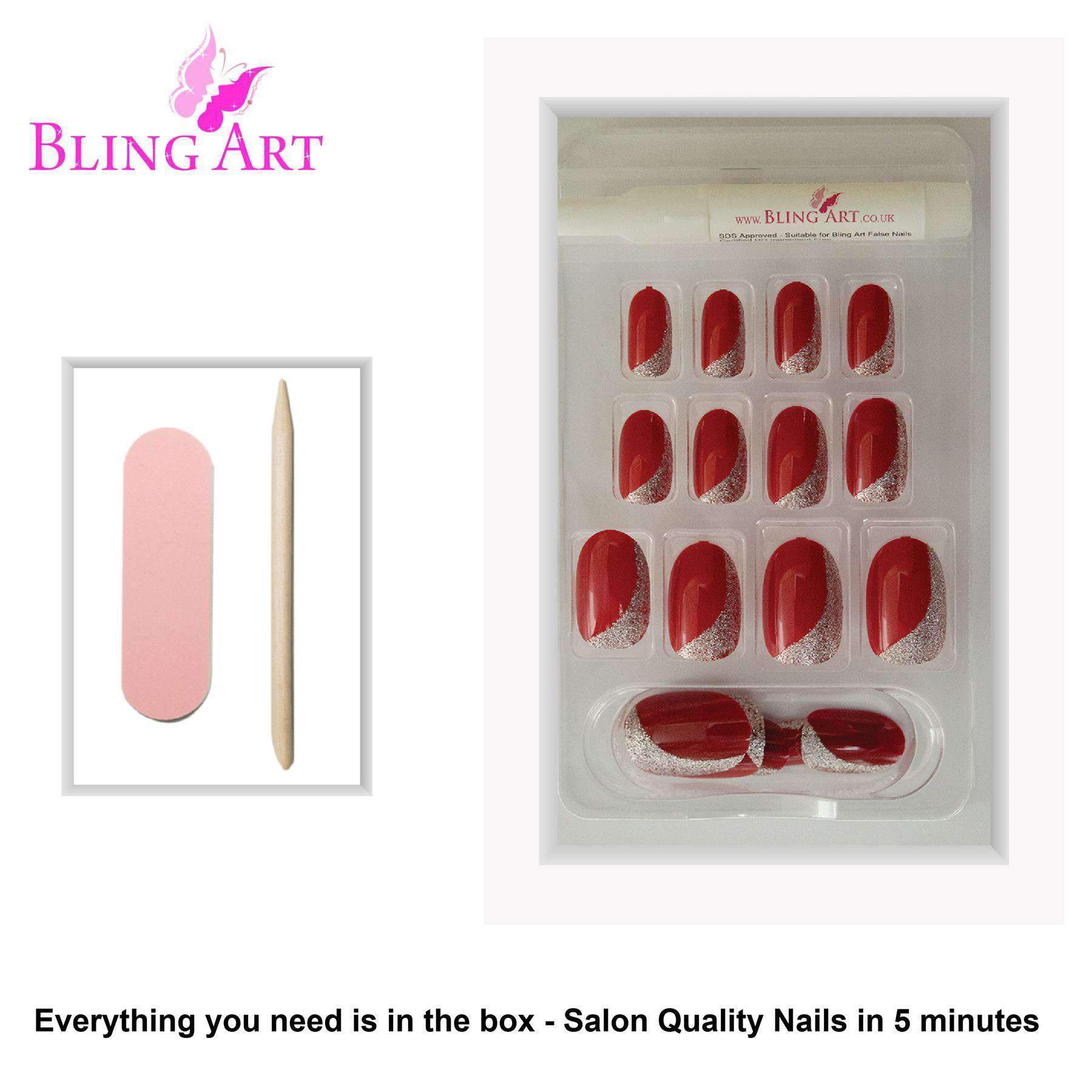 Bling Art Red Glitter Oval Medium Fake Acrylic Nails displayed with glue, nail file, and cuticle stick.