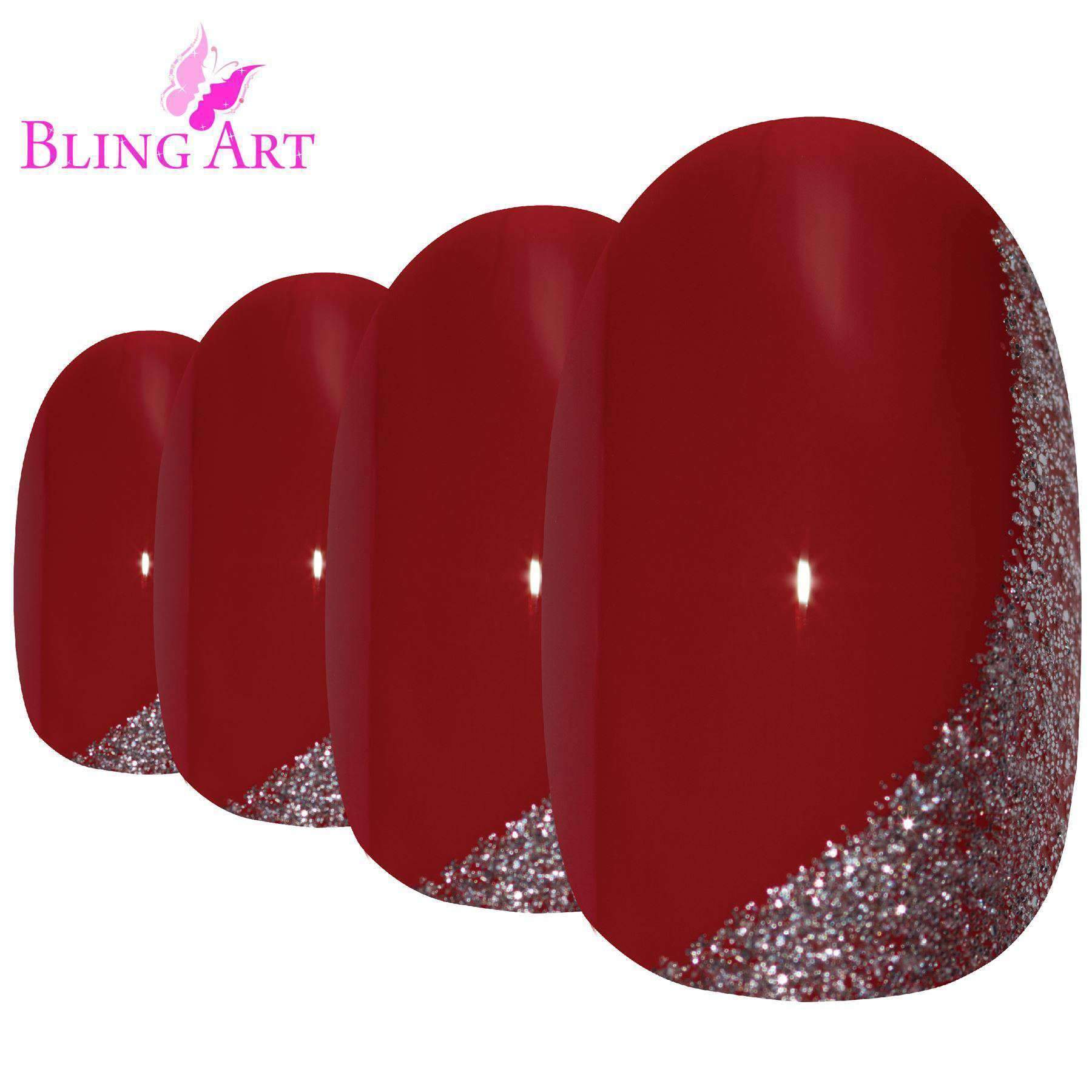 Bling Art Red Glitter Oval Medium Fake Acrylic Nails displayed with glue, nail file, and cuticle stick.