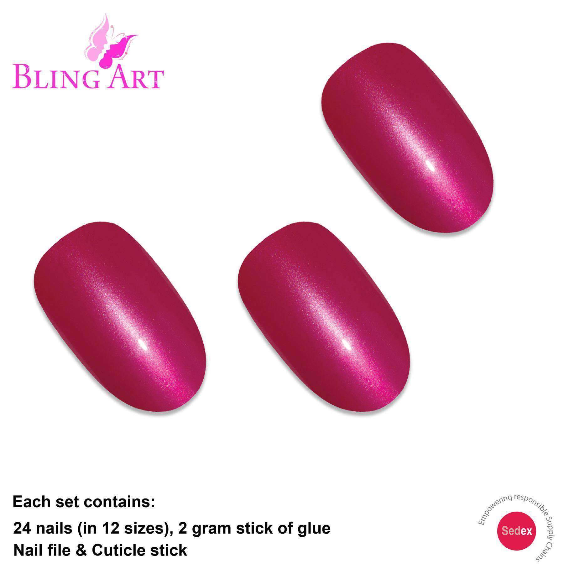 Bling Art Red Matte Metallic Oval Medium Fake Acrylic Nails displayed with included accessories like glue, nail file, and cuticle stick.
