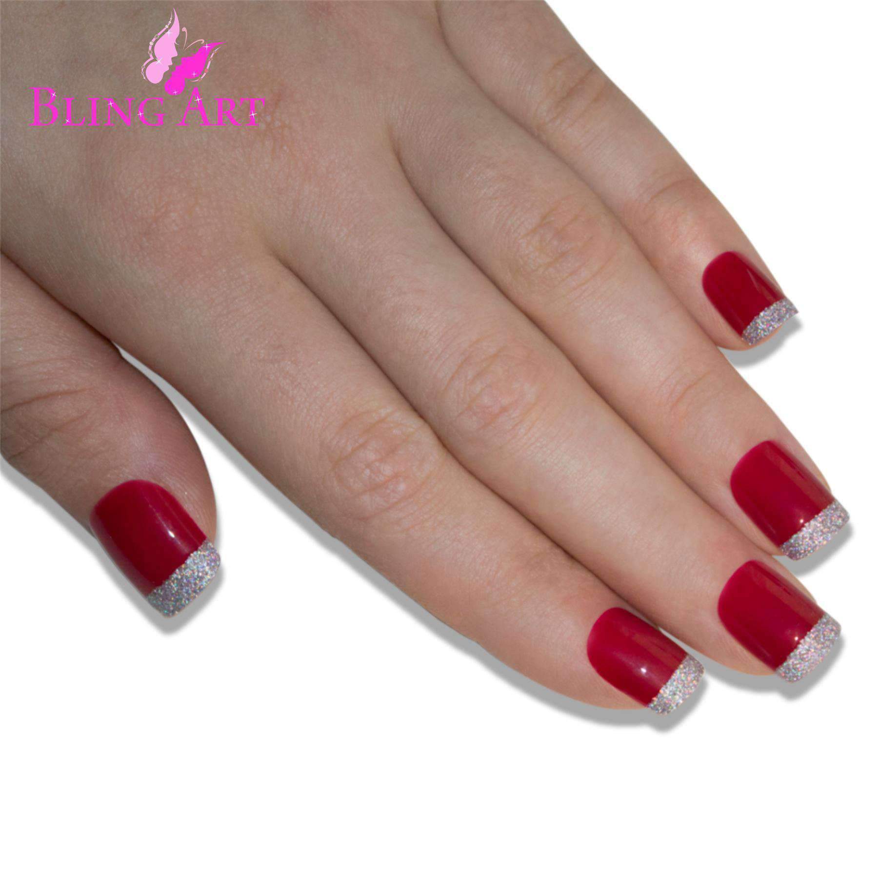 Bling Art Red Silver French Manicure fake nails set with 24 medium tips, glue, nail file, and cuticle stick.